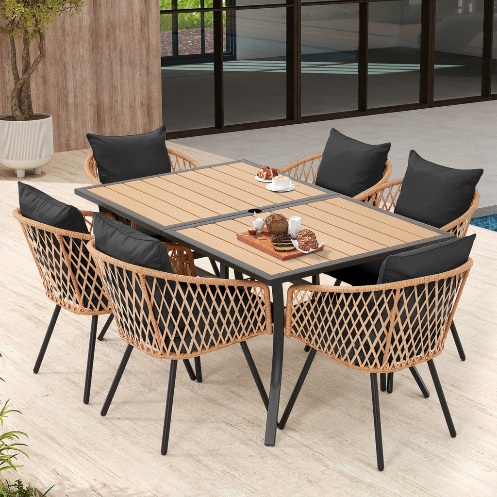 Ensemble de salle à manger d'extérieur en rotin synthétique résistant aux intempéries, plateau en WPC durable, table et chaises d'extérieur avec coussin amovible
