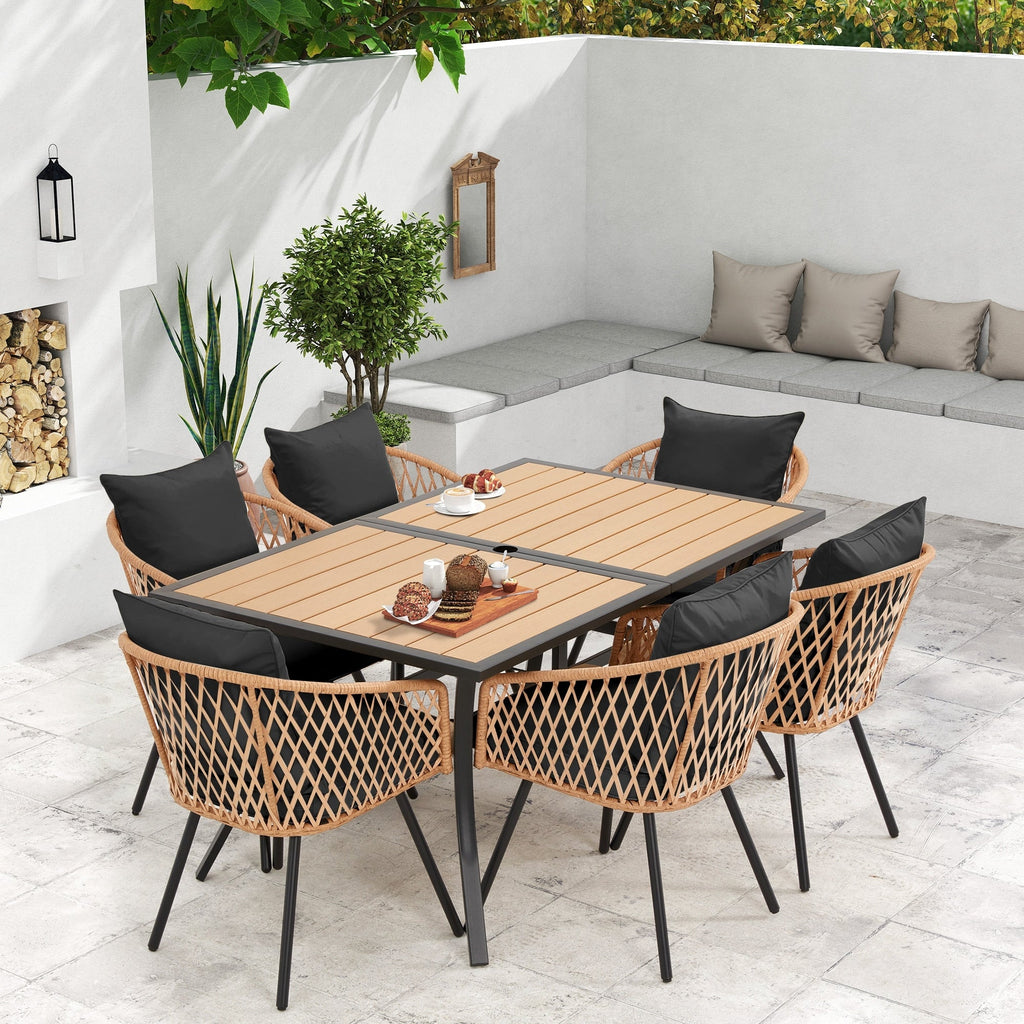 Ensemble de salle à manger d'extérieur en rotin synthétique résistant aux intempéries, plateau en WPC durable, table et chaises d'extérieur avec coussin amovible