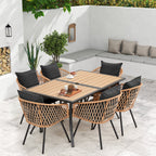 Ensemble de salle à manger d'extérieur en rotin synthétique résistant aux intempéries, plateau en WPC durable, table et chaises d'extérieur avec coussin amovible