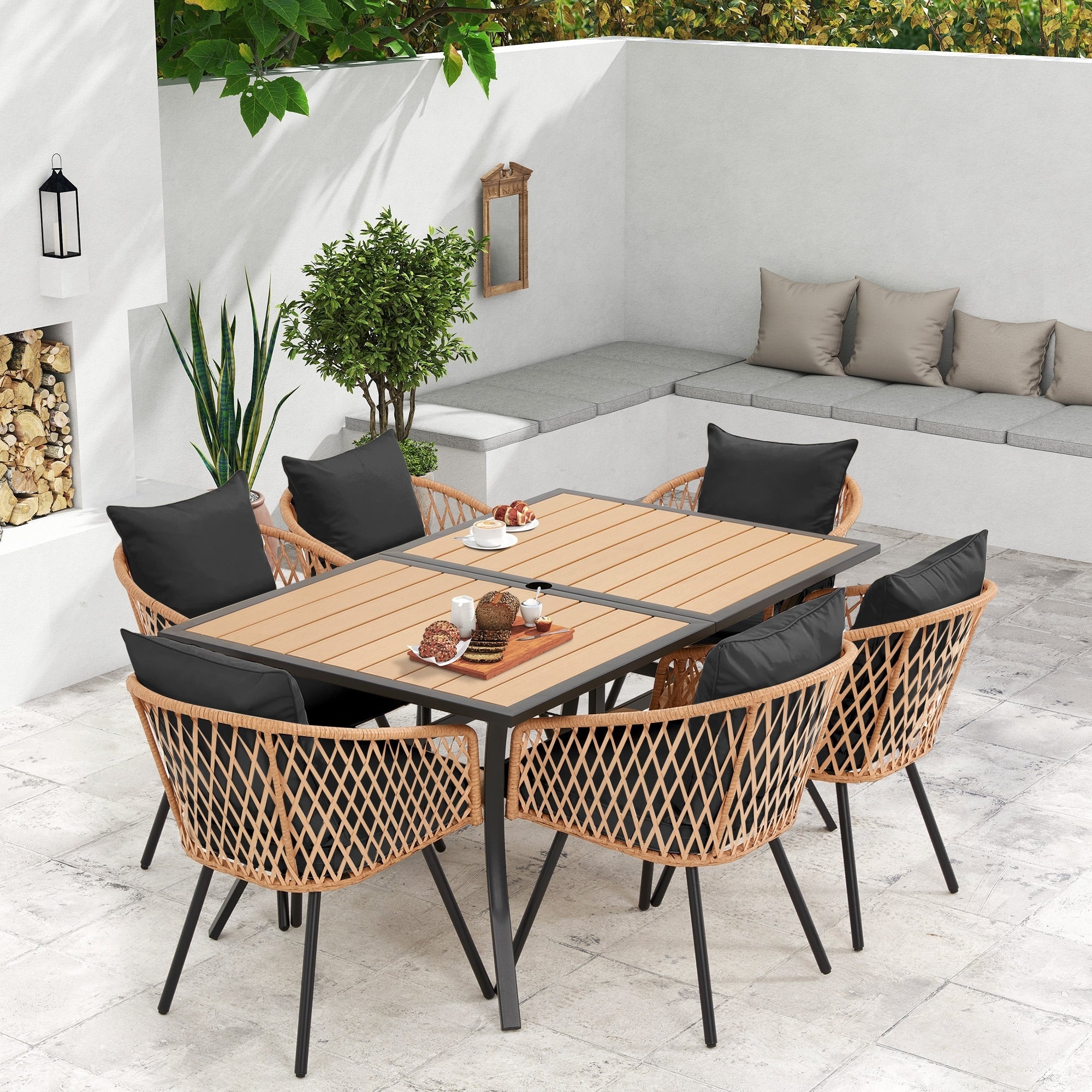 Ensemble de salle à manger d'extérieur en rotin synthétique résistant aux intempéries, plateau en WPC durable, table et chaises d'extérieur avec coussin amovible