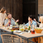 Ensemble de salle à manger d'extérieur en rotin synthétique résistant aux intempéries, plateau en WPC durable, table et chaises d'extérieur avec coussin amovible