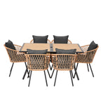 Ensemble de salle à manger d'extérieur en rotin synthétique résistant aux intempéries, plateau en WPC durable, table et chaises d'extérieur avec coussin amovible