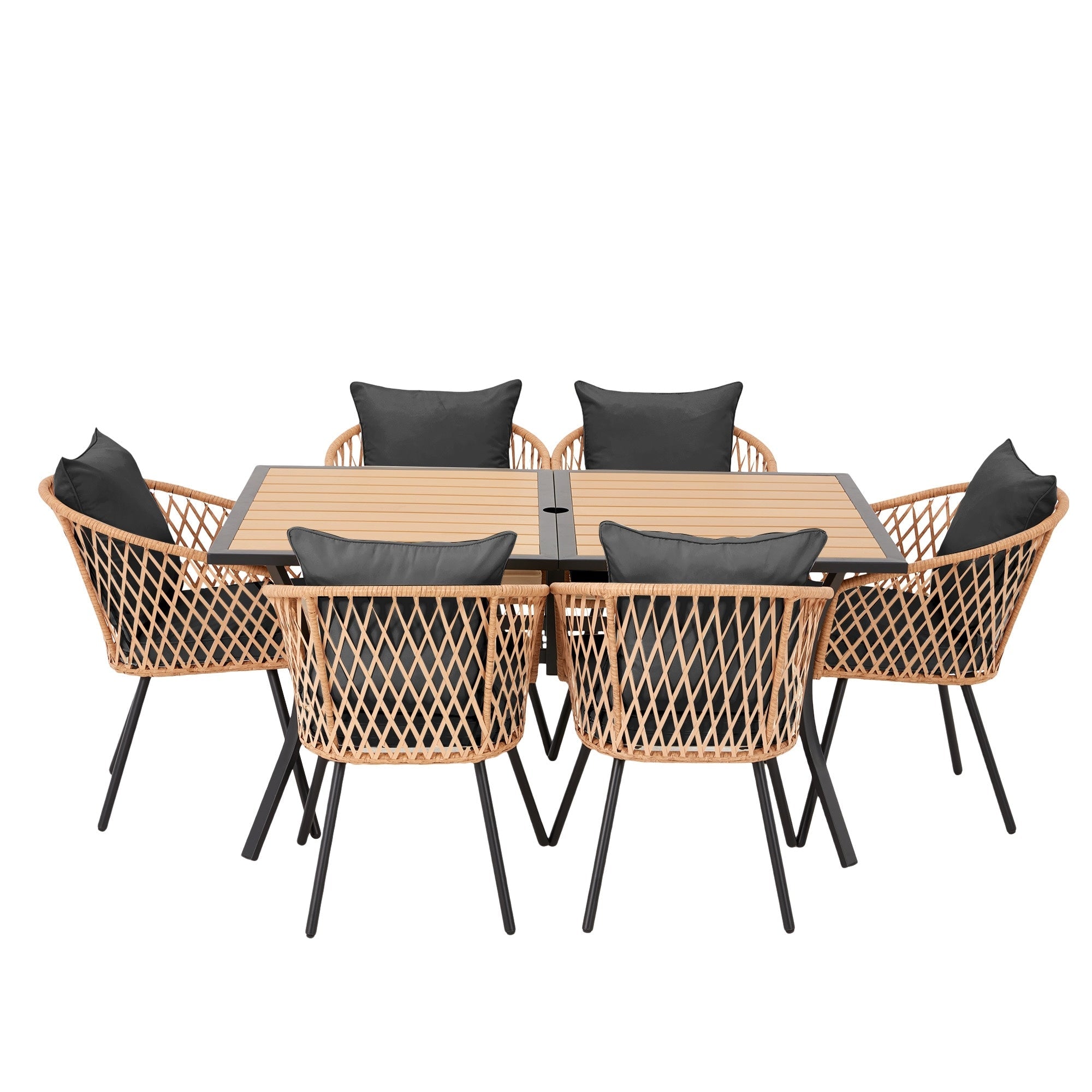 Ensemble de salle à manger d'extérieur en rotin synthétique résistant aux intempéries, plateau en WPC durable, table et chaises d'extérieur avec coussin amovible