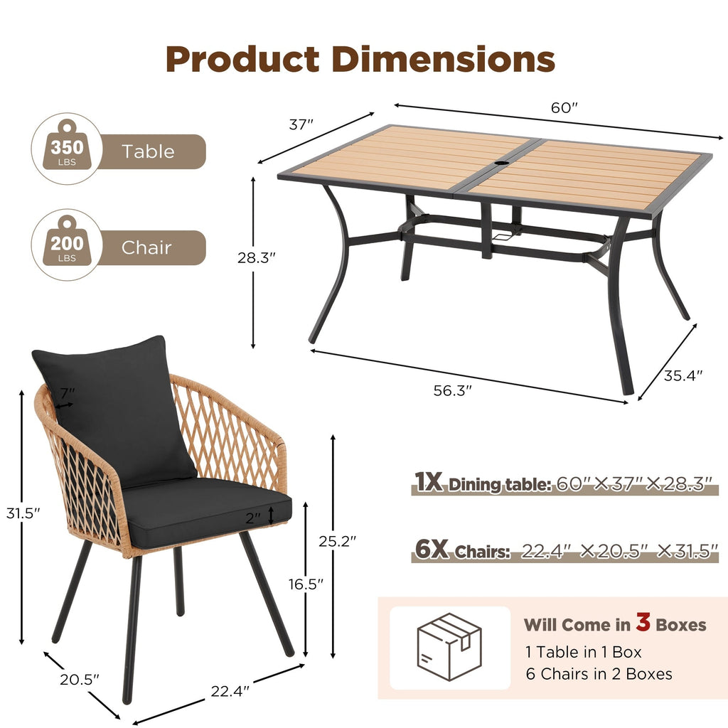 Ensemble de salle à manger d'extérieur en rotin synthétique résistant aux intempéries, plateau en WPC durable, table et chaises d'extérieur avec coussin amovible