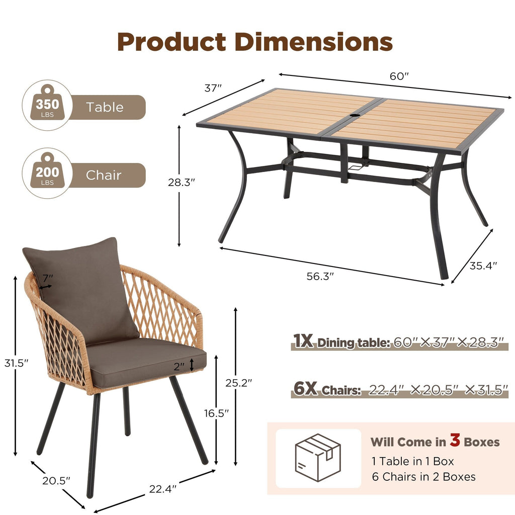 Ensemble de salle à manger d'extérieur en rotin synthétique résistant aux intempéries, plateau en WPC durable, table et chaises d'extérieur avec coussin amovible