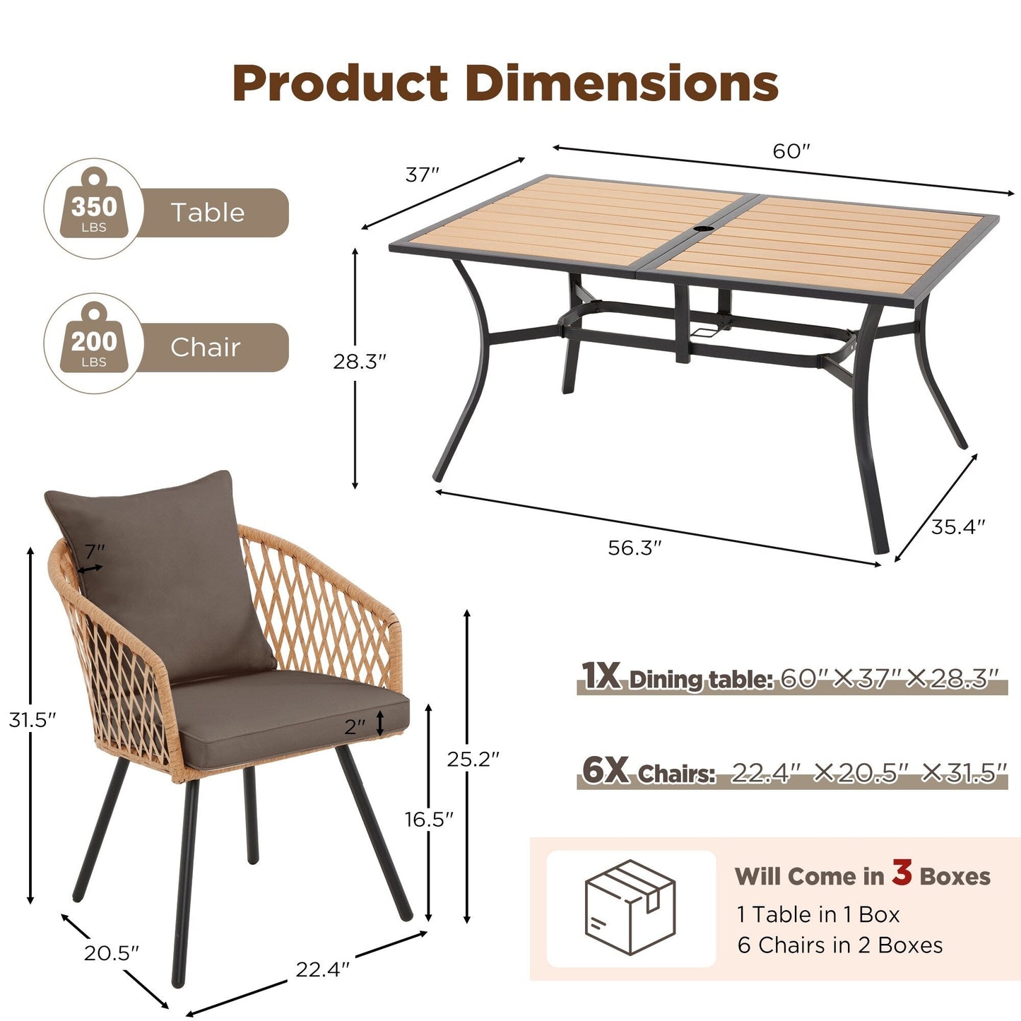 Ensemble de salle à manger d'extérieur en rotin synthétique résistant aux intempéries, plateau en WPC durable, table et chaises d'extérieur avec coussin amovible