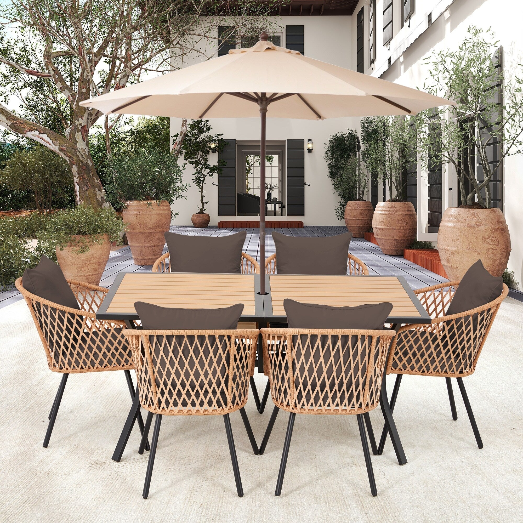 Ensemble de salle à manger d'extérieur en rotin synthétique résistant aux intempéries, plateau en WPC durable, table et chaises d'extérieur avec coussin amovible
