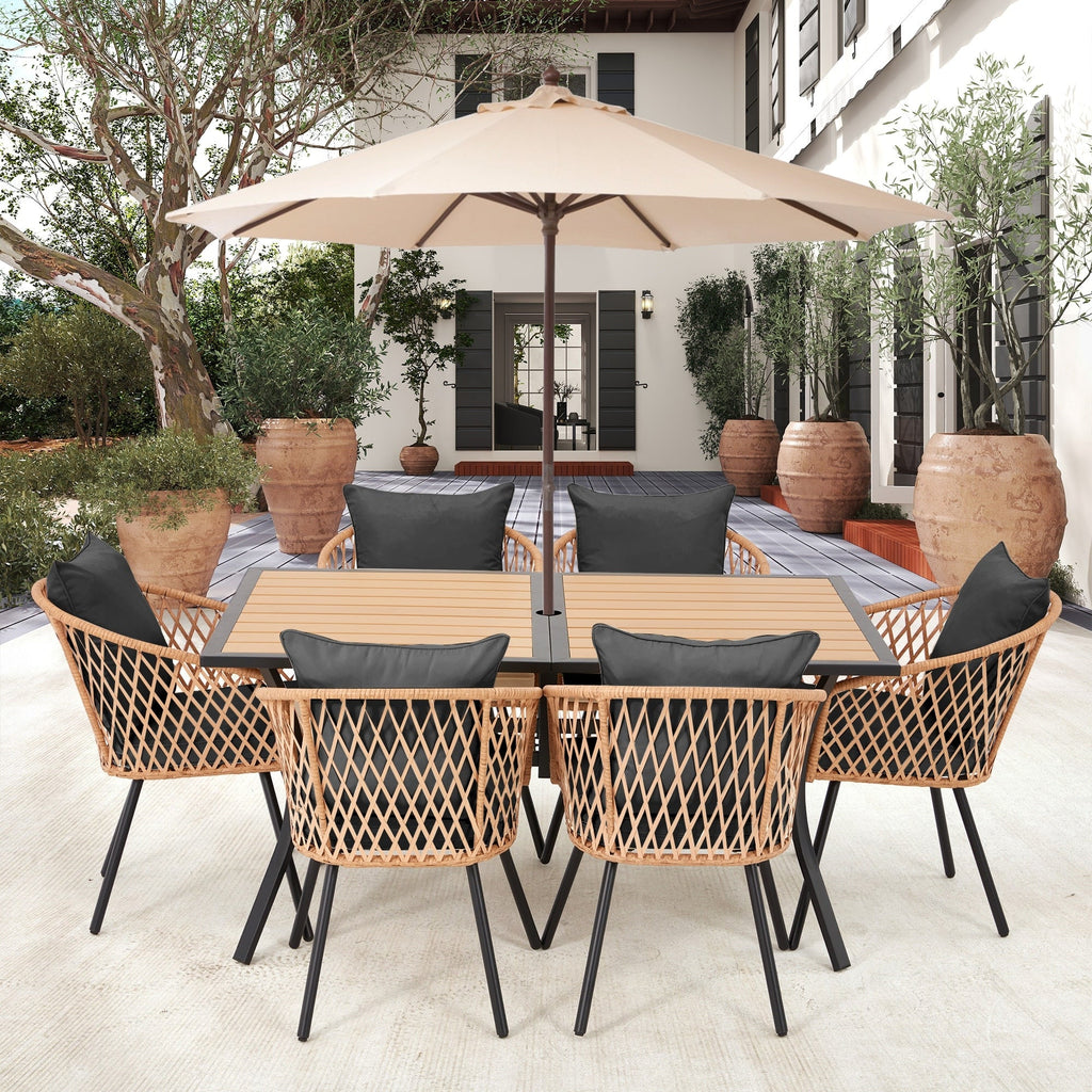 Ensemble de salle à manger d'extérieur en rotin synthétique résistant aux intempéries, plateau en WPC durable, table et chaises d'extérieur avec coussin amovible