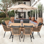 Ensemble de salle à manger d'extérieur en rotin synthétique résistant aux intempéries, plateau en WPC durable, table et chaises d'extérieur avec coussin amovible