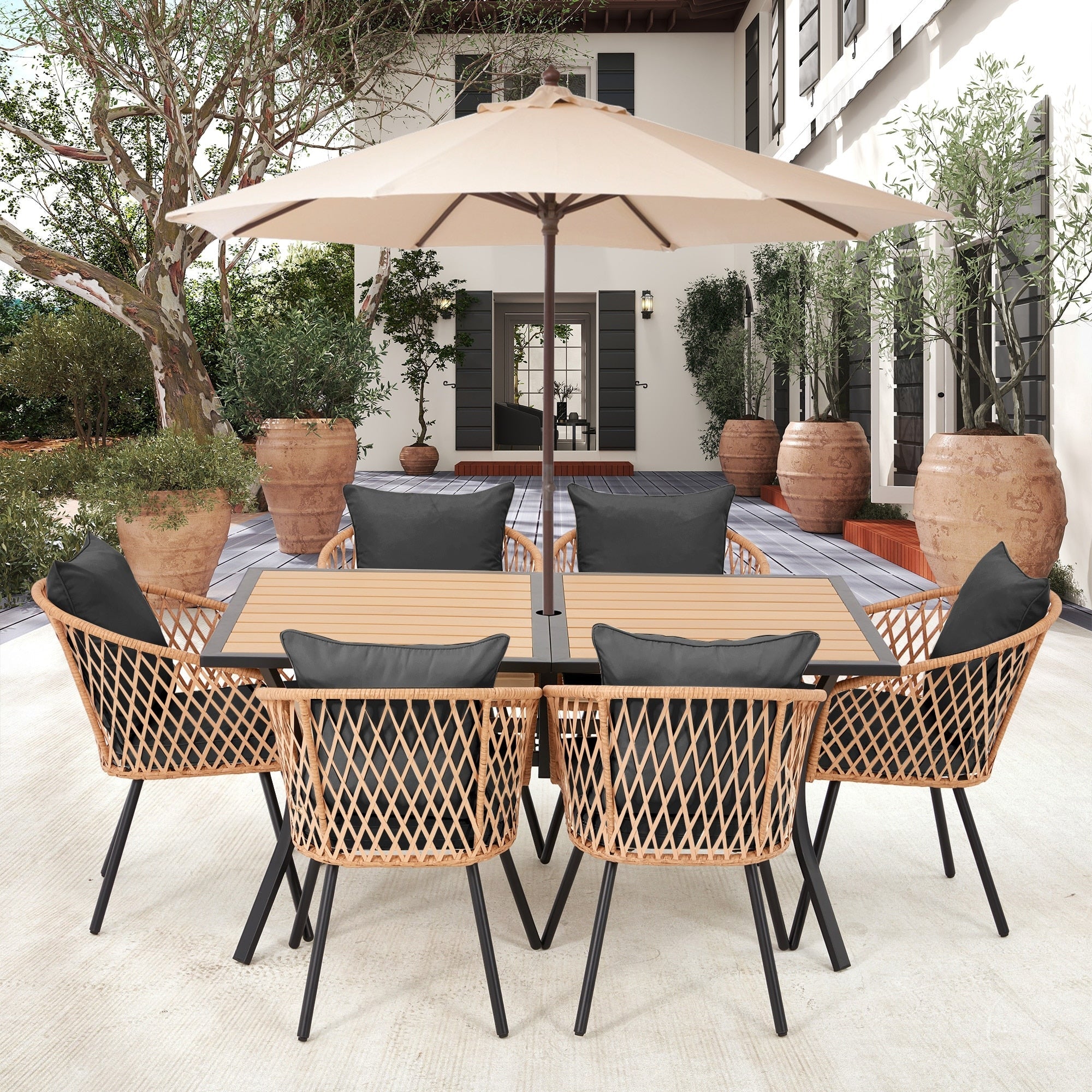 Ensemble de salle à manger d'extérieur en rotin synthétique résistant aux intempéries, plateau en WPC durable, table et chaises d'extérieur avec coussin amovible
