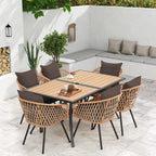 Ensemble de salle à manger d'extérieur en rotin synthétique résistant aux intempéries, plateau en WPC durable, table et chaises d'extérieur avec coussin amovible