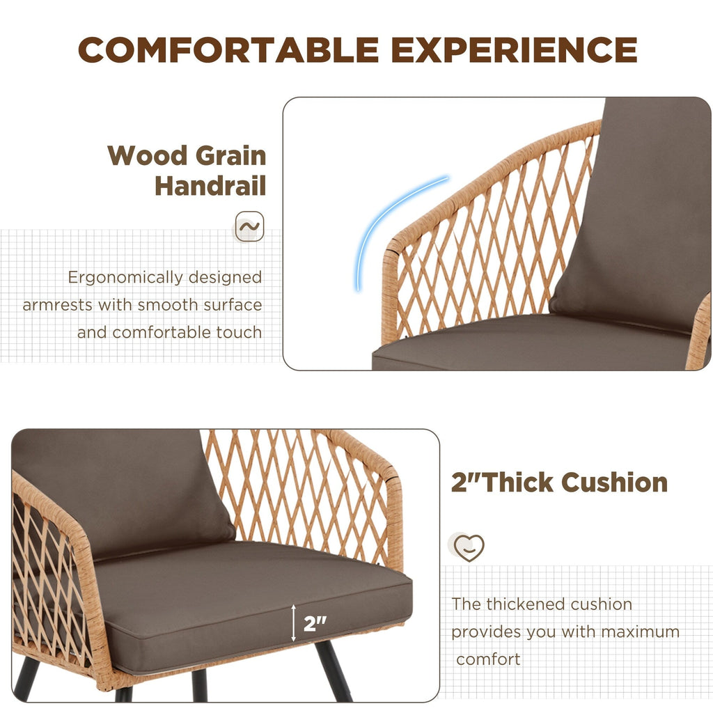 Ensemble de salle à manger d'extérieur en rotin synthétique résistant aux intempéries, plateau en WPC durable, table et chaises d'extérieur avec coussin amovible