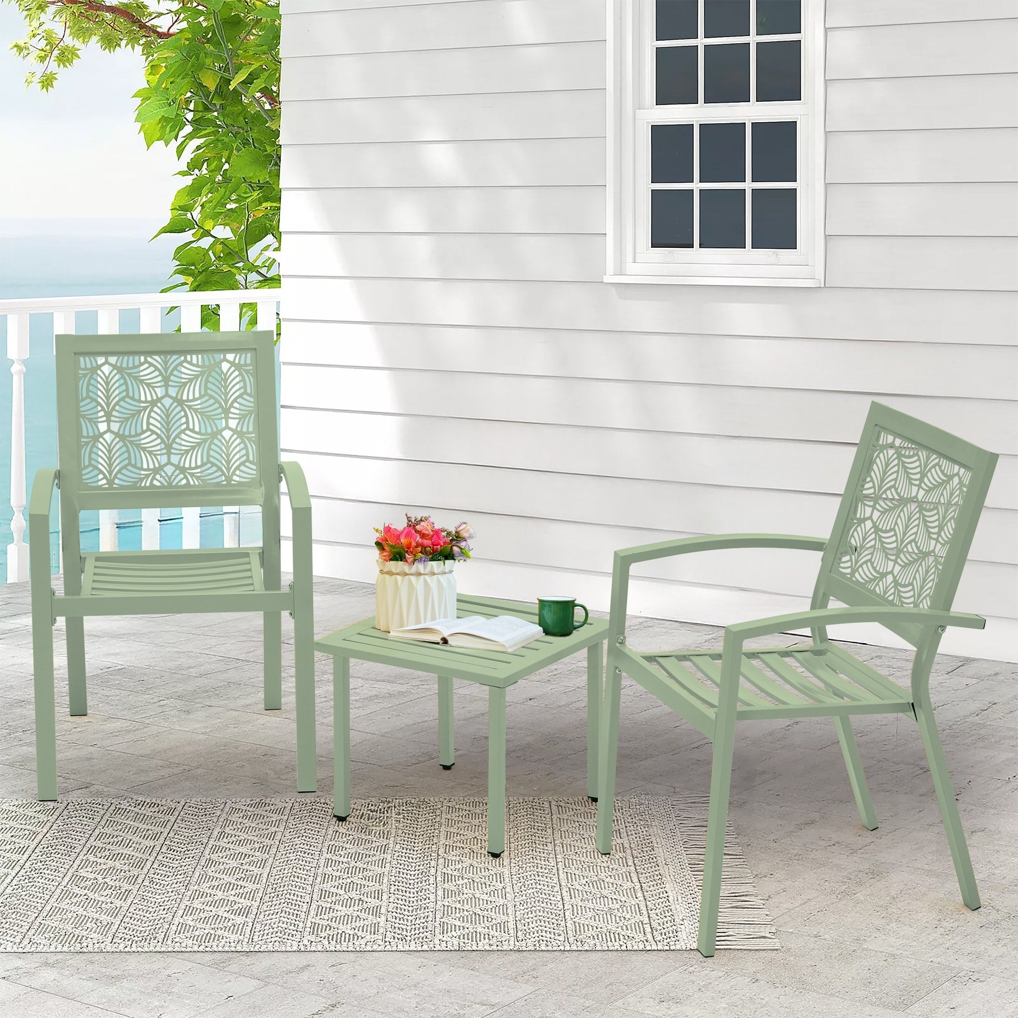 Ensemble de patio extérieur, table et chaises de bistrot en fer résistant aux intempéries, dossier à motif floral, gain de place (vert/bleu/jaune/noir)