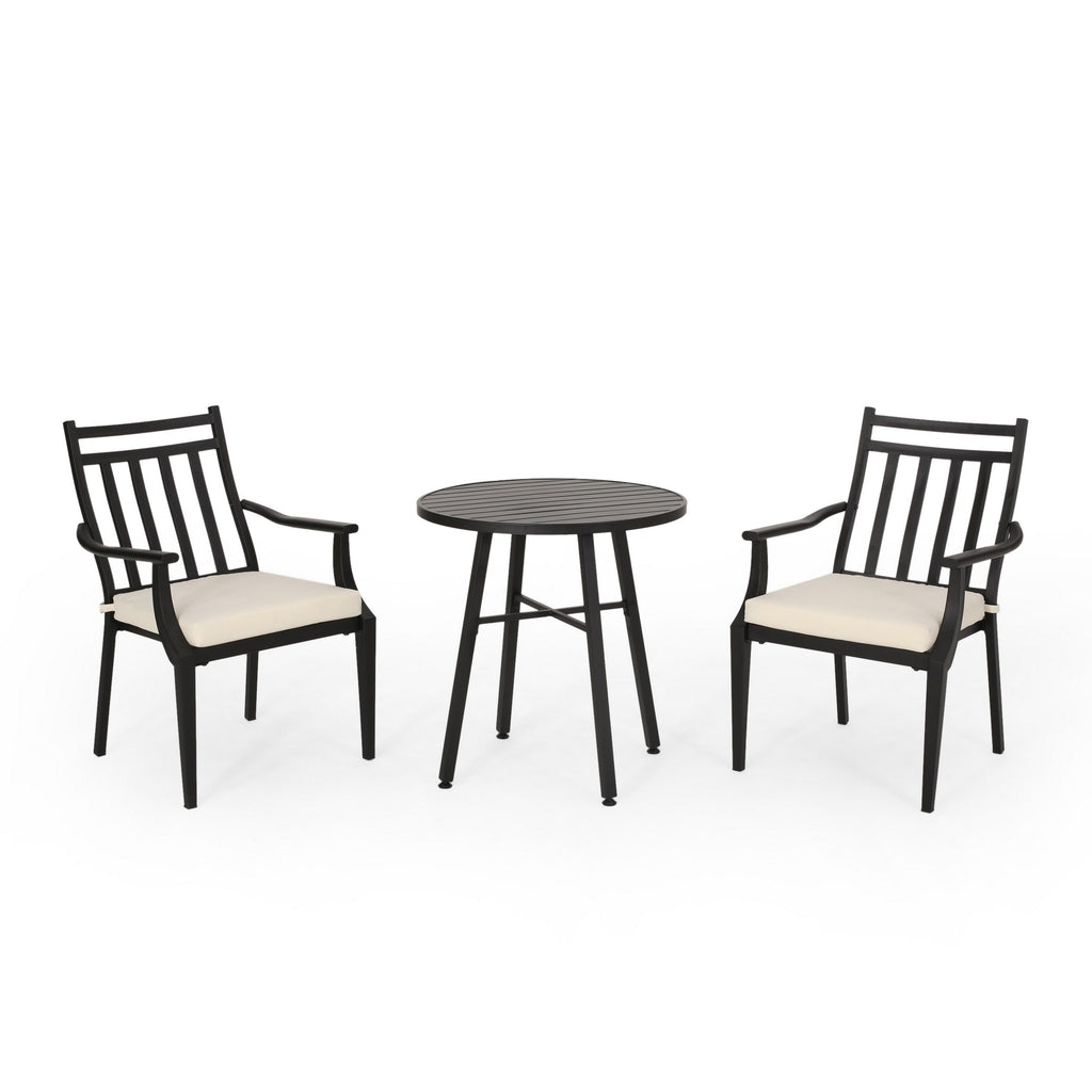 Ensemble table de bistrot d'extérieur avec 2 chaises, à lattes, en fer noir et beige