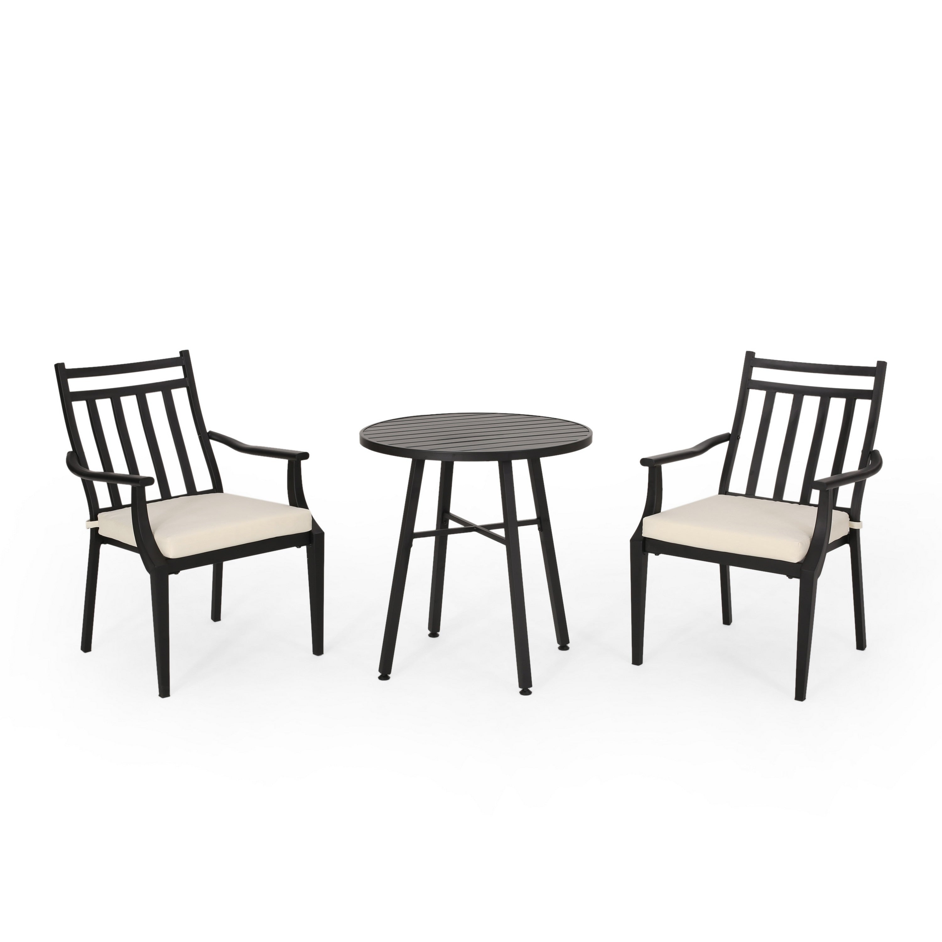 Ensemble table de bistrot d'extérieur avec 2 chaises, à lattes, en fer noir et beige