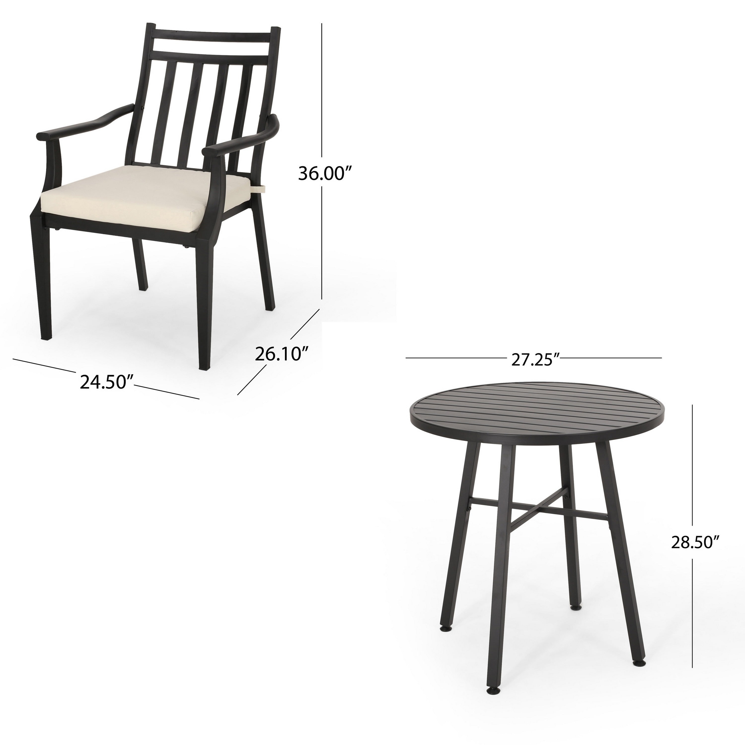Ensemble table de bistrot d'extérieur avec 2 chaises, à lattes, en fer noir et beige