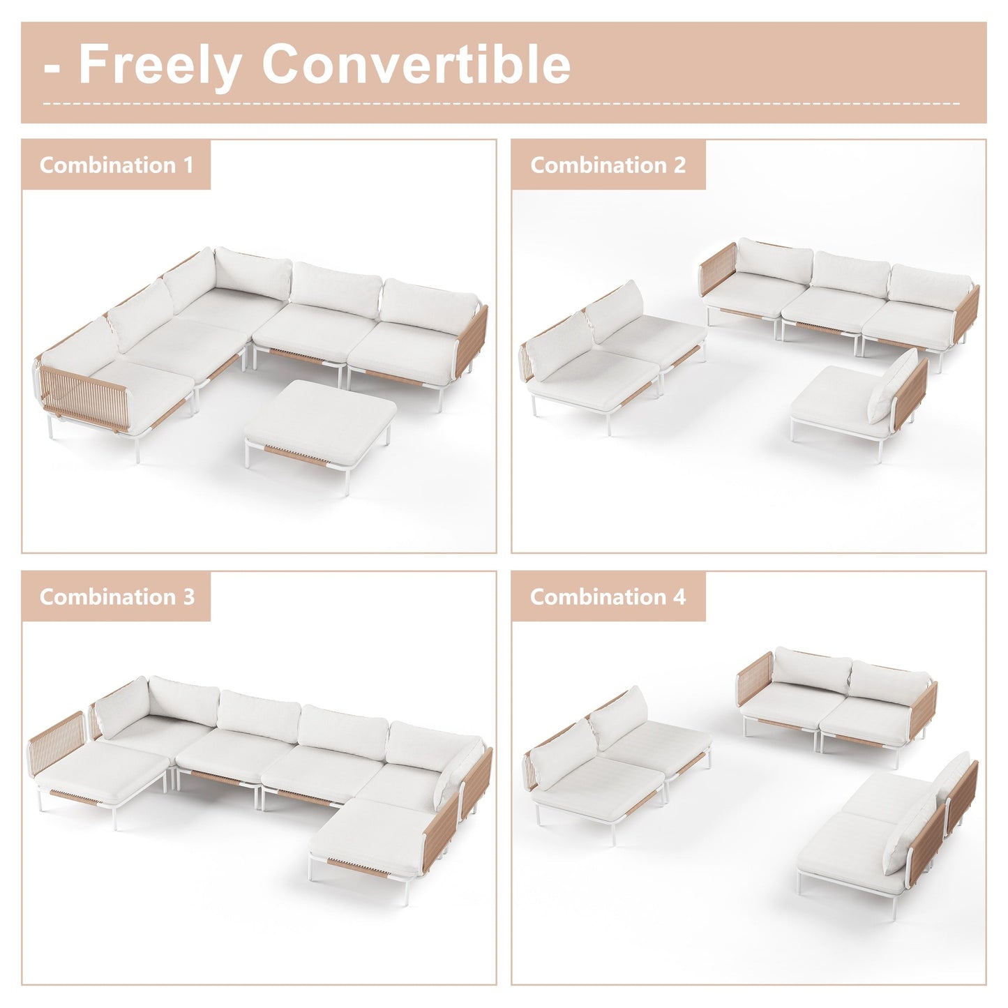 Ensemble de canapé sectionnel rembourré pour extérieur, ensemble de conversation pour meubles de patio, combinaison libre