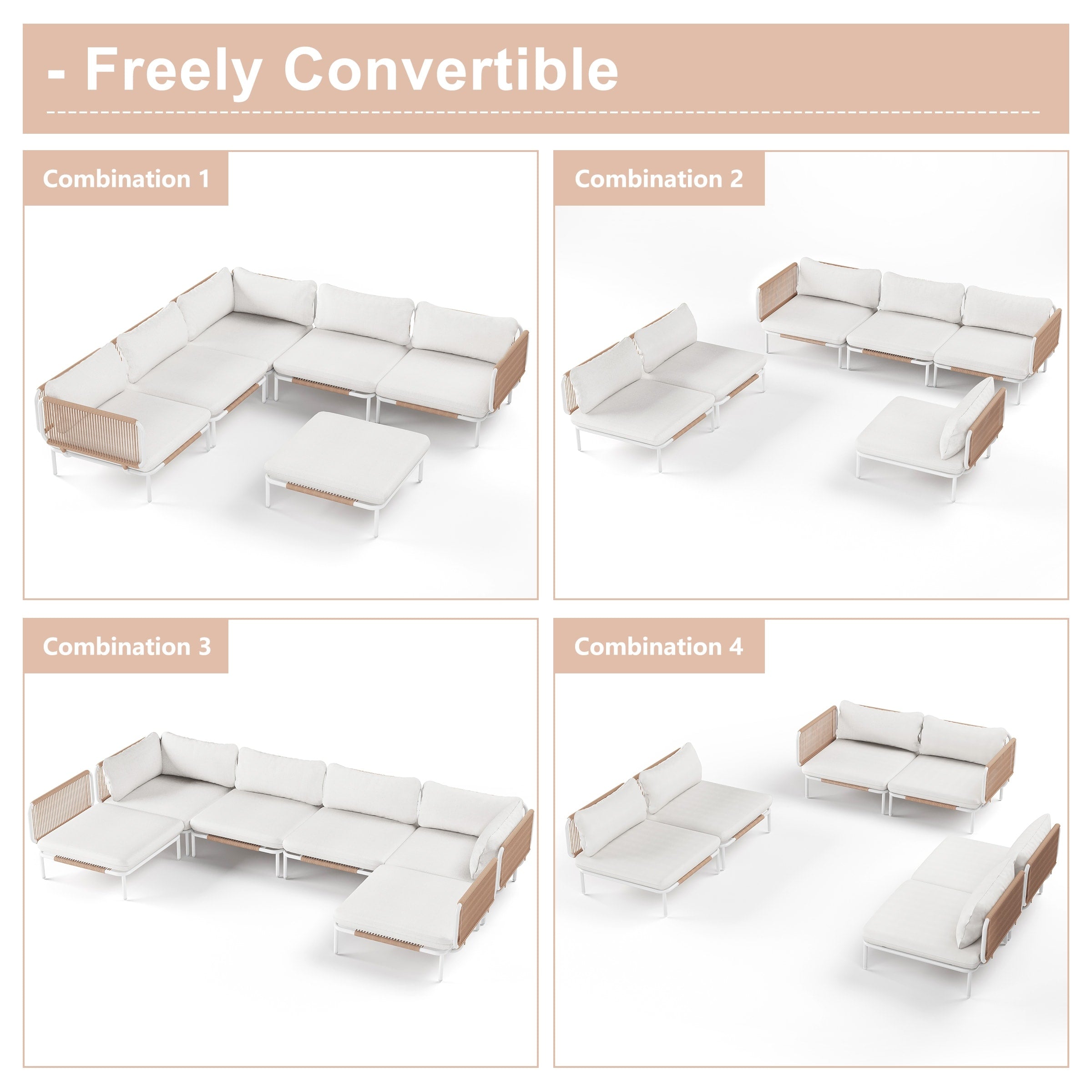 Ensemble de canapé sectionnel rembourré pour extérieur, ensemble de conversation pour meubles de patio, combinaison libre