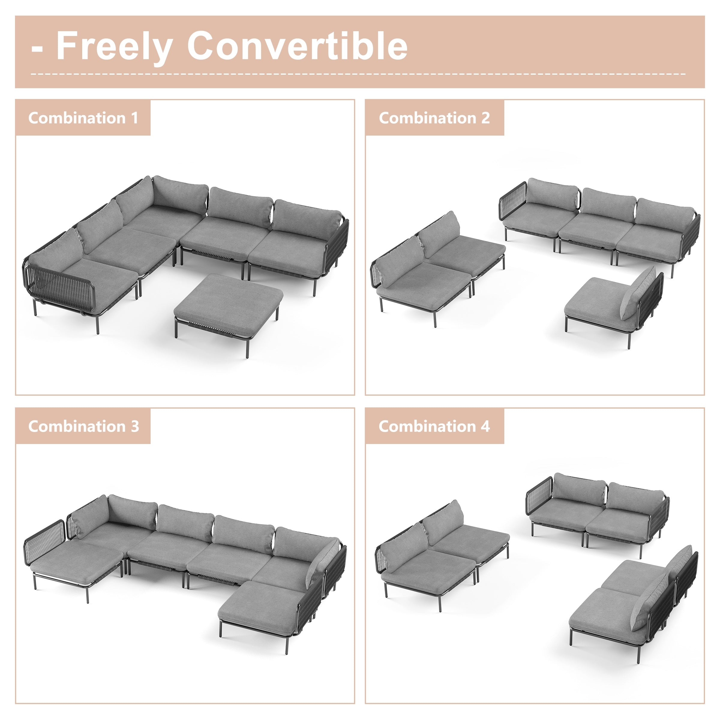 Ensemble de canapé sectionnel rembourré pour extérieur, ensemble de conversation pour meubles de patio, combinaison libre