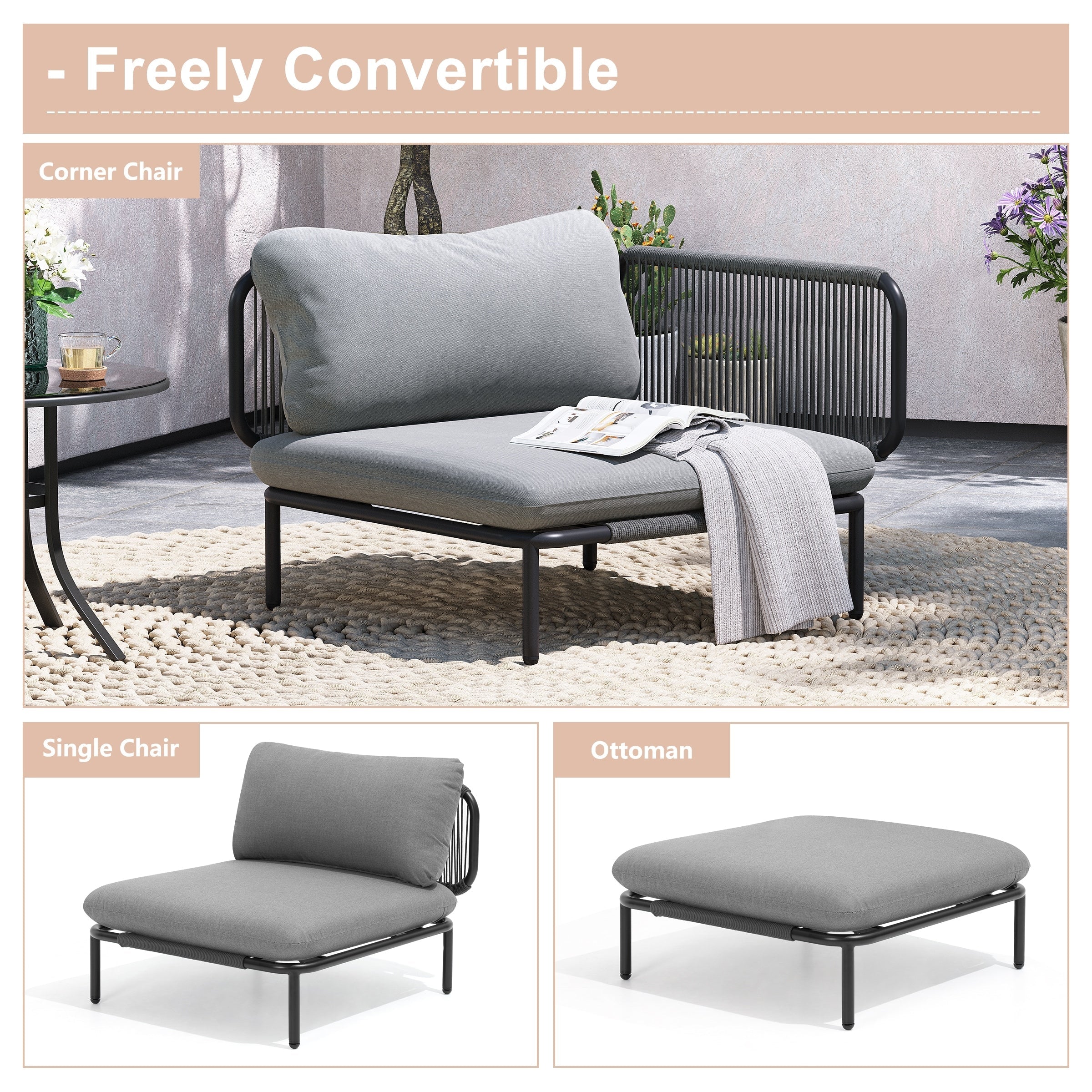Ensemble de canapé sectionnel rembourré pour extérieur, ensemble de conversation pour meubles de patio, combinaison libre
