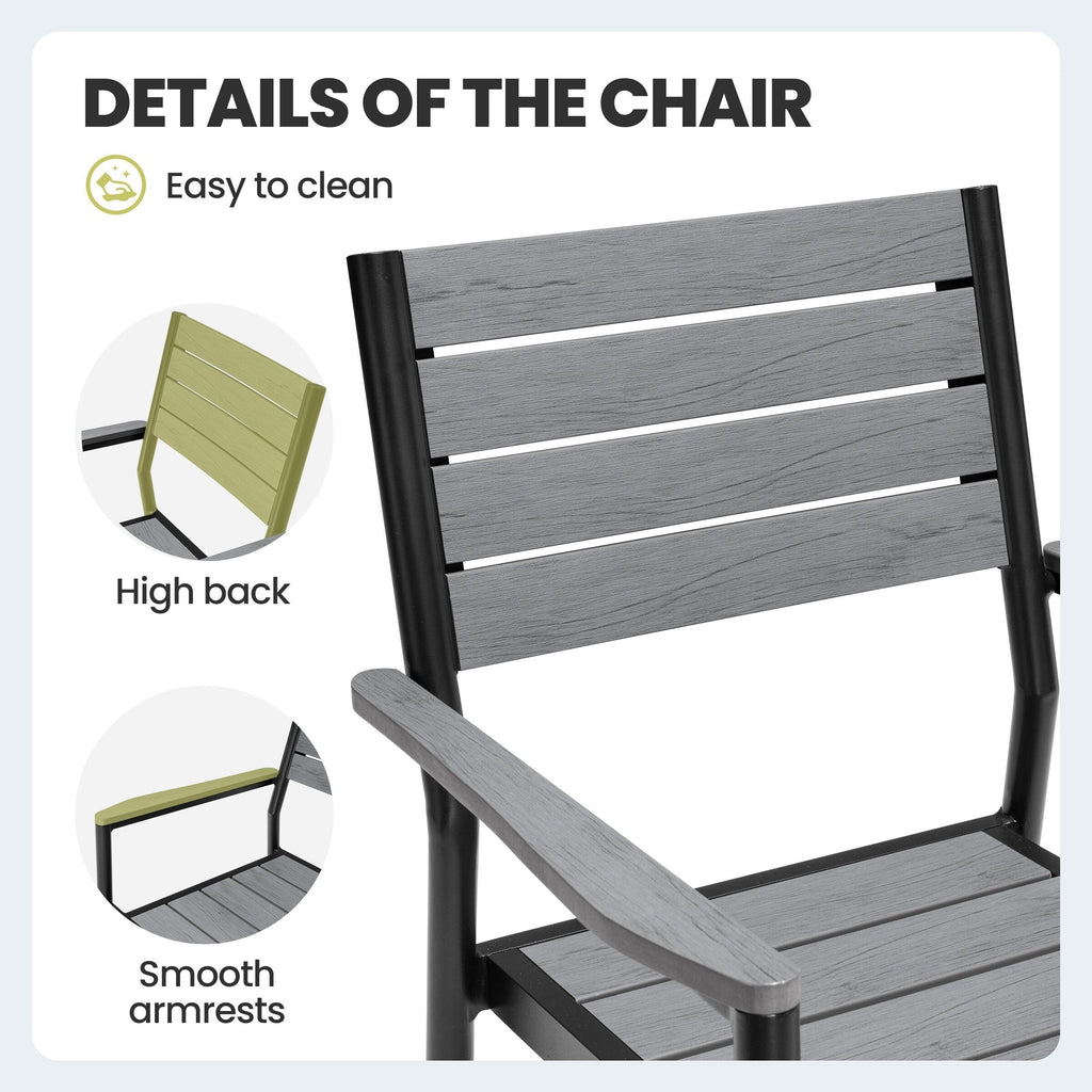 Mobilier de salle à manger d'extérieur : table extensible avec rallonge, chaises empilables, aluminium (voir photo).