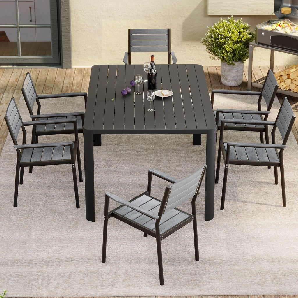 Mobilier de salle à manger d'extérieur : table extensible avec rallonge, chaises empilables, aluminium (voir photo).