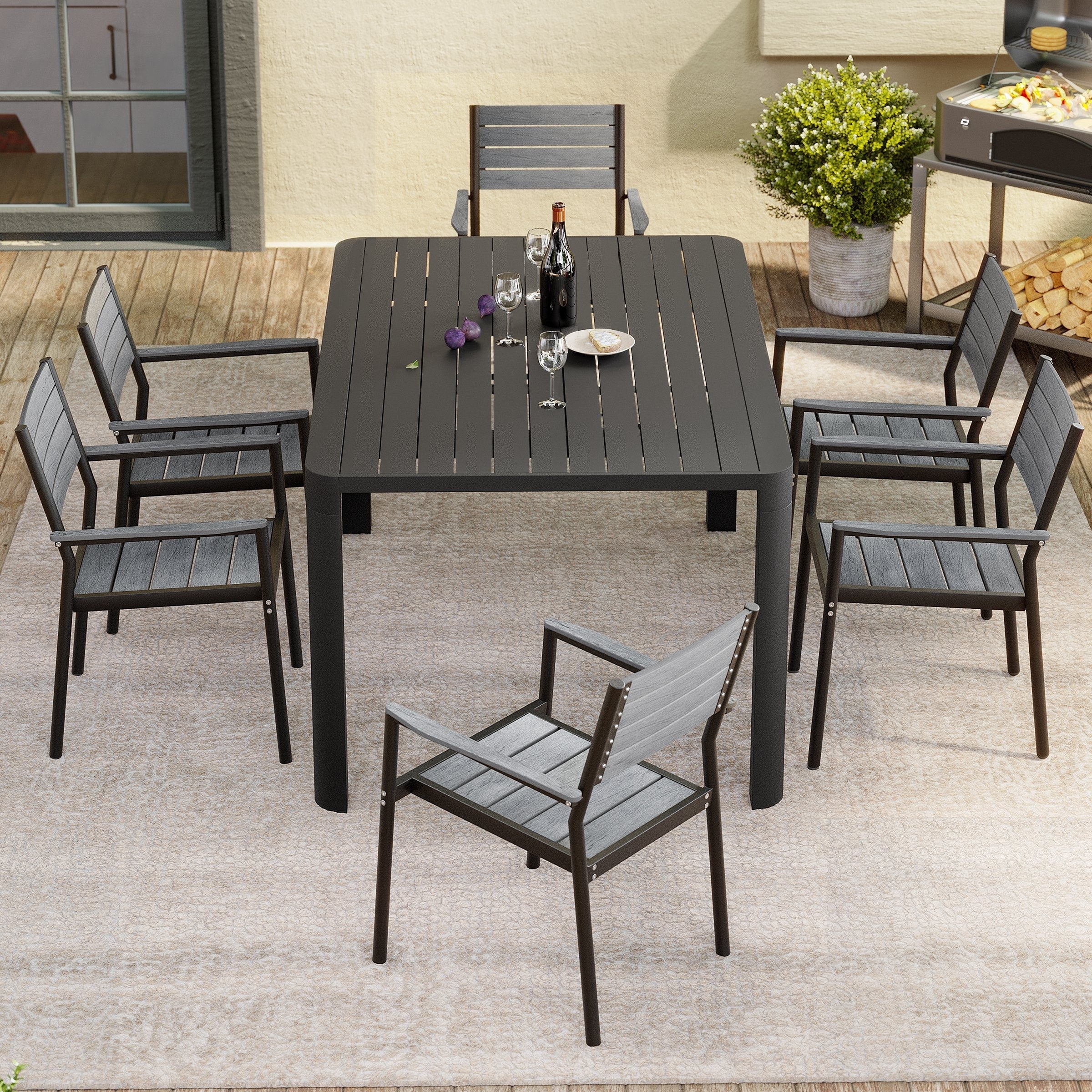 Mobilier de salle à manger d'extérieur : table extensible avec rallonge, chaises empilables, aluminium (voir photo).