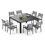 Mobilier de salle à manger d'extérieur : table extensible avec rallonge, chaises empilables, aluminium (voir photo).