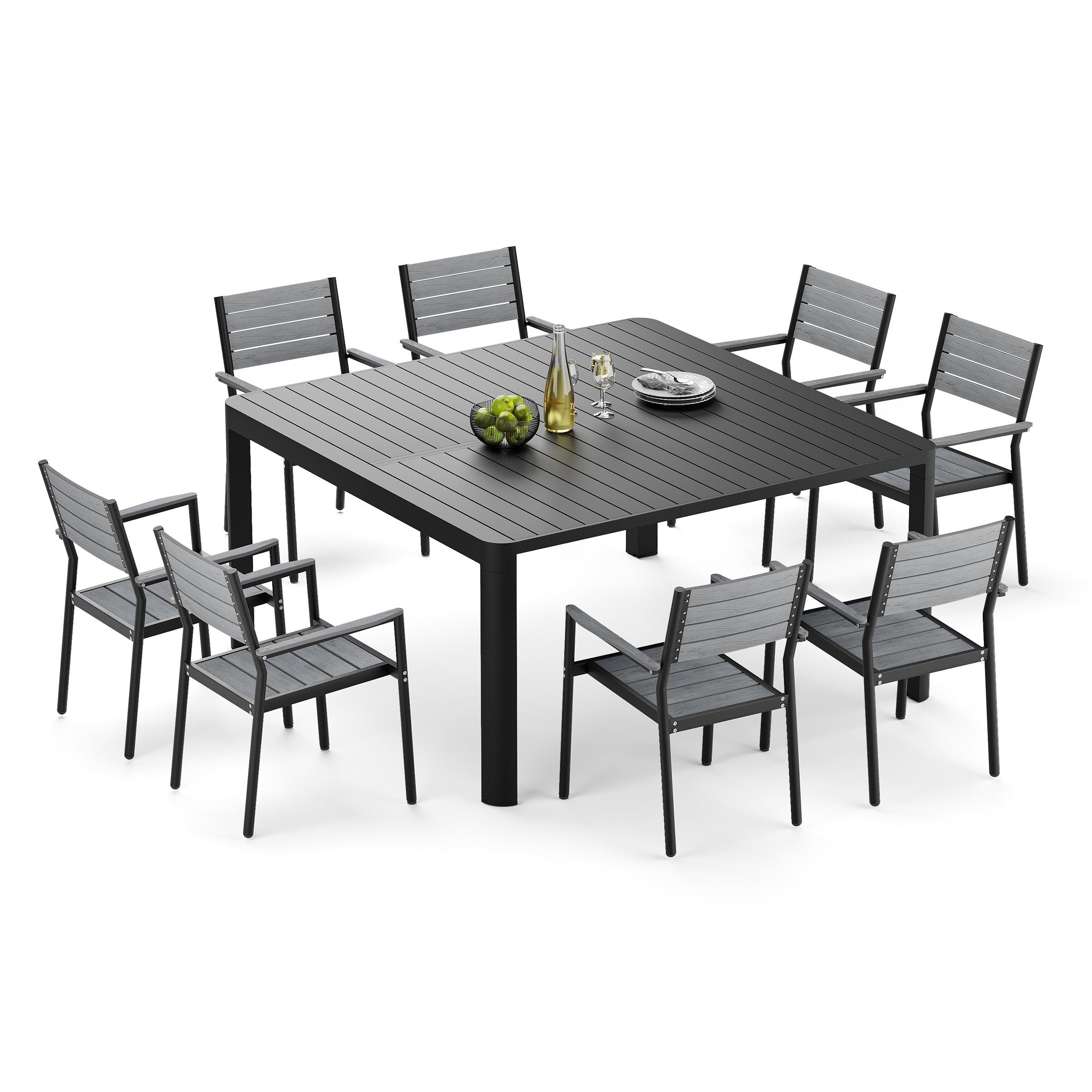 Mobilier de salle à manger d'extérieur : table extensible avec rallonge, chaises empilables, aluminium (voir photo).