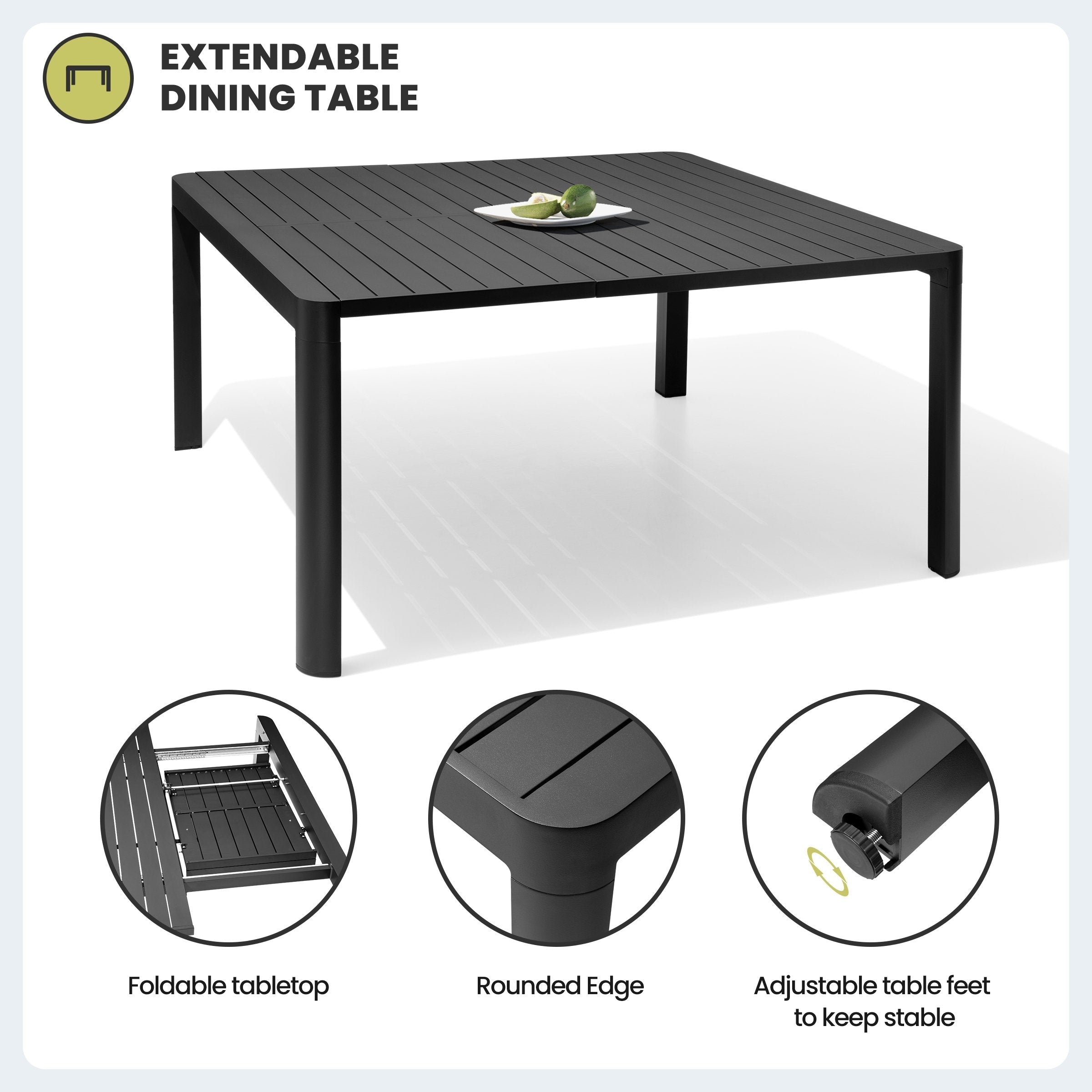 Mobilier de salle à manger d'extérieur : table extensible avec rallonge, chaises empilables, aluminium (voir photo).