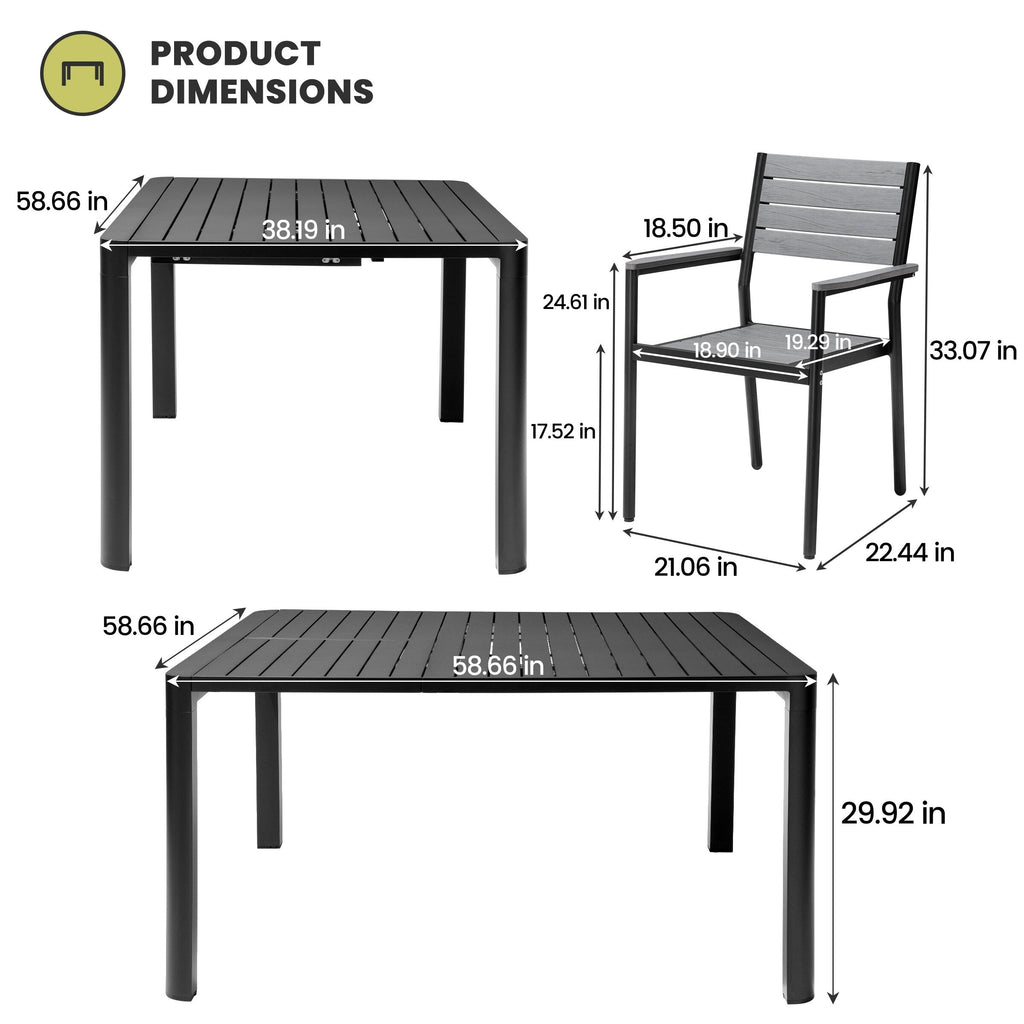 Mobilier de salle à manger d'extérieur : table extensible avec rallonge, chaises empilables, aluminium (voir photo).