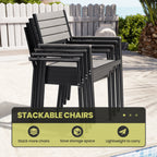 Mobilier de salle à manger d'extérieur : table extensible avec rallonge, chaises empilables, aluminium (voir photo).