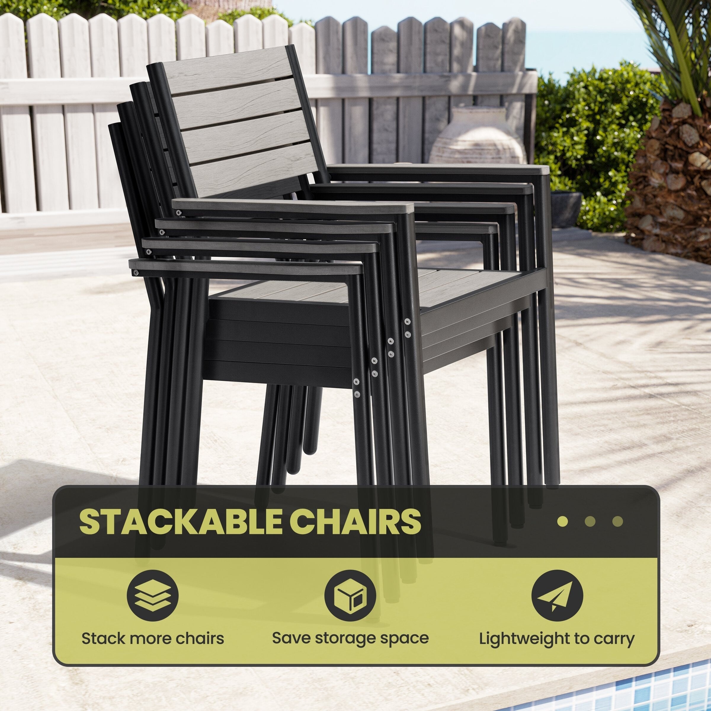 Mobilier de salle à manger d'extérieur : table extensible avec rallonge, chaises empilables, aluminium (voir photo).