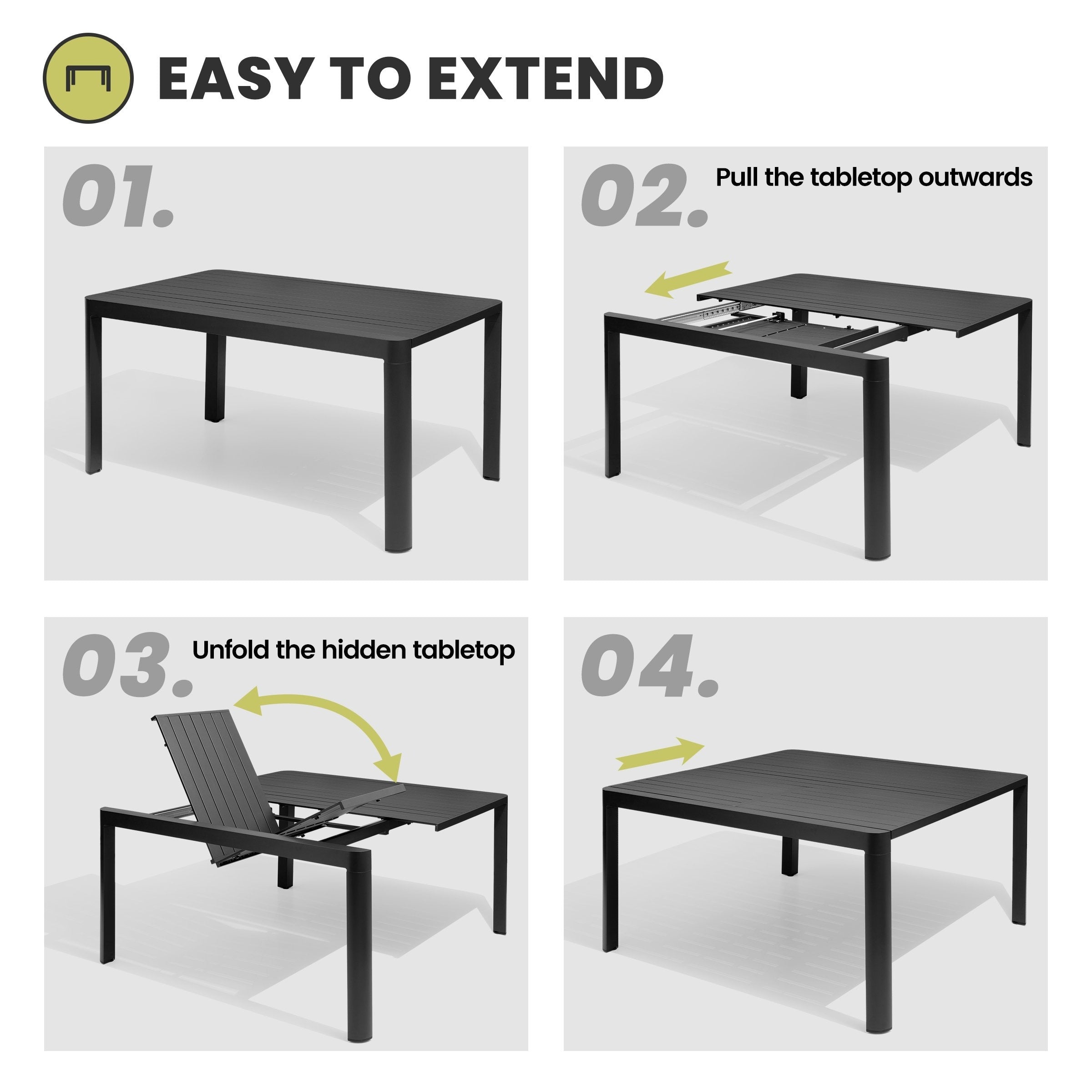 Mobilier de salle à manger d'extérieur : table extensible avec rallonge, chaises empilables, aluminium (voir photo).
