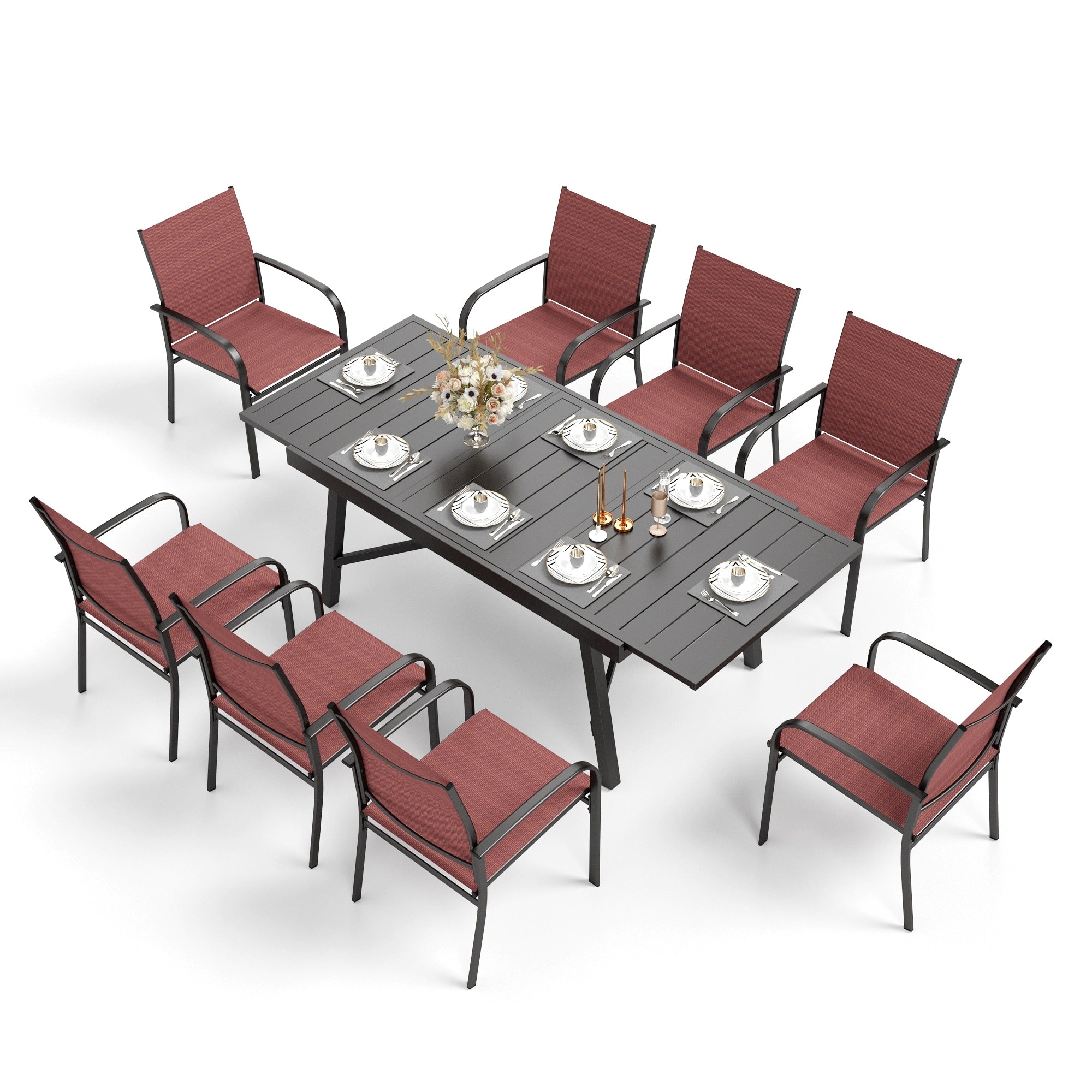 Ensemble de salle à manger d'extérieur MAISON ARTS 7/9 pièces avec table rectangulaire extensible en métal et 6/8 chaises en textilène