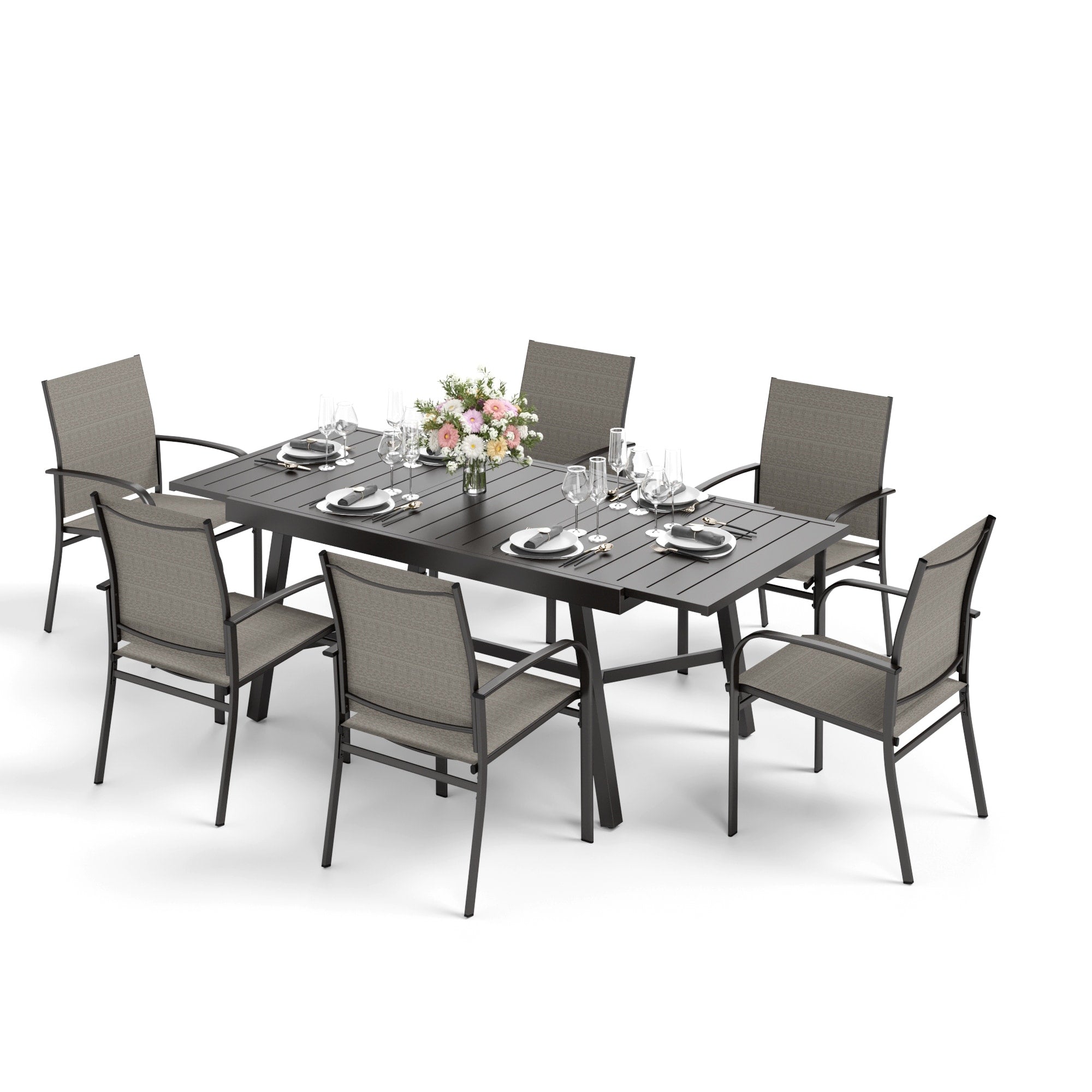 Ensemble de salle à manger d'extérieur MAISON ARTS 7/9 pièces avec table rectangulaire extensible en métal et 6/8 chaises en textilène