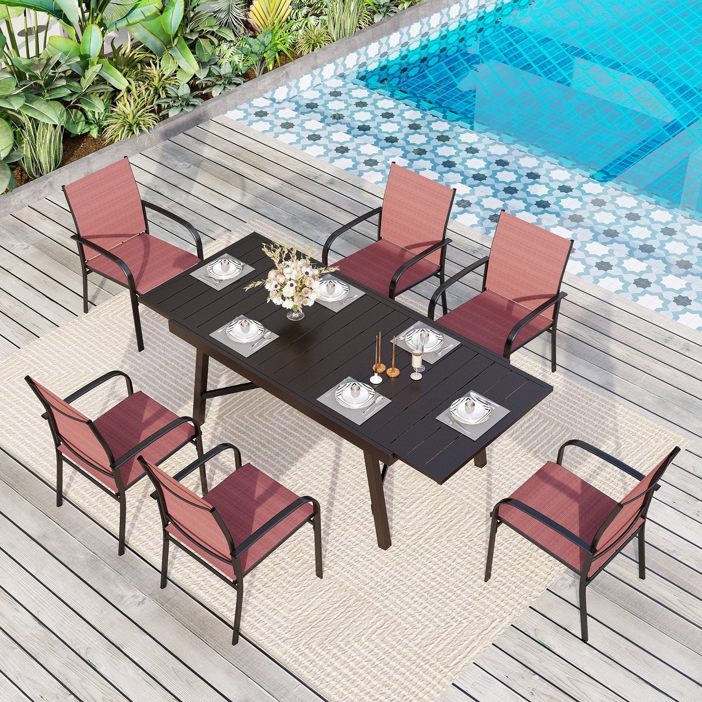 Ensemble de salle à manger d'extérieur MAISON ARTS 7/9 pièces avec table rectangulaire extensible en métal et 6/8 chaises en textilène