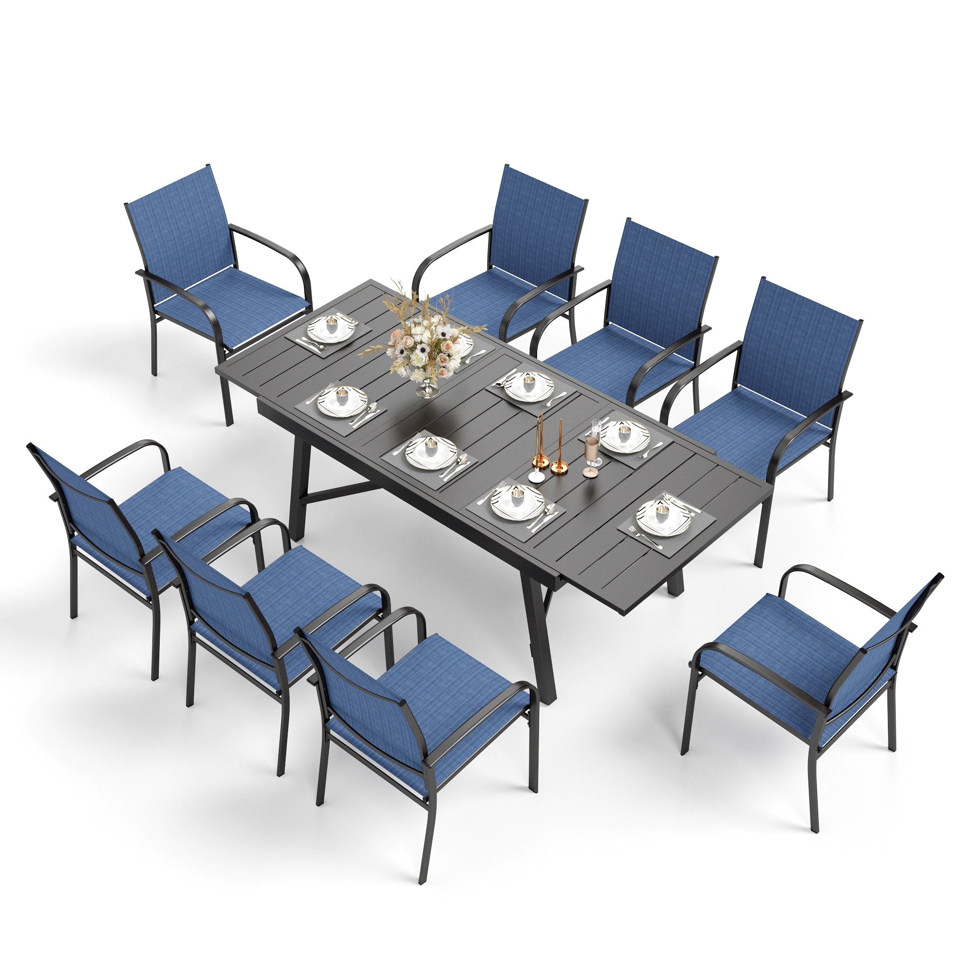 Ensemble de salle à manger d'extérieur MAISON ARTS 7/9 pièces avec table rectangulaire extensible en métal et 6/8 chaises en textilène