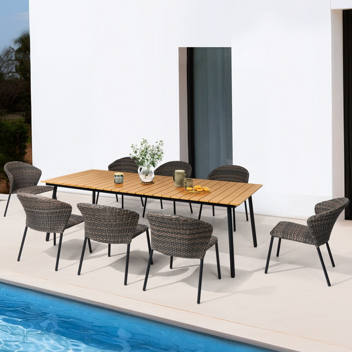 Ensemble de salle à manger d'extérieur : table en aluminium et chaises empilables en rotin synthétique (lot de 9)