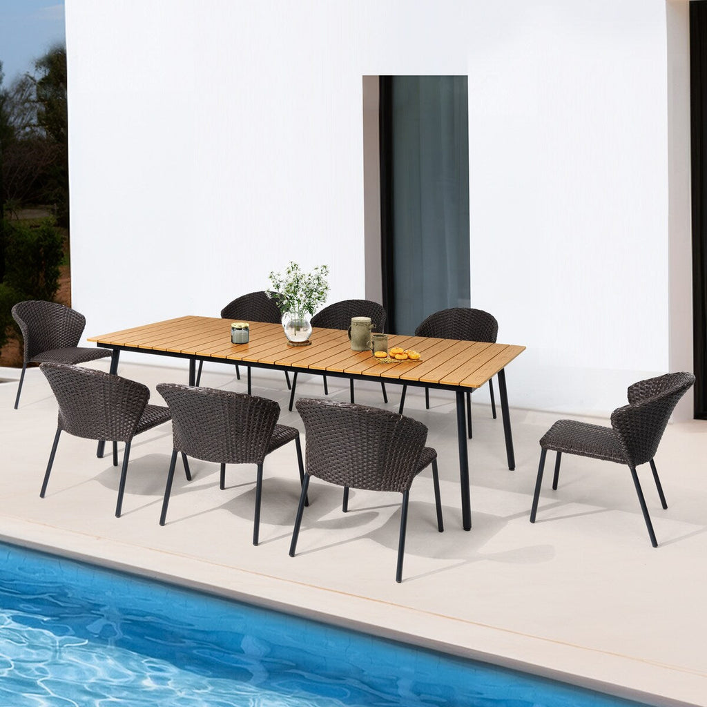 Ensemble de salle à manger d'extérieur : table en aluminium et chaises empilables en rotin synthétique (lot de 9)