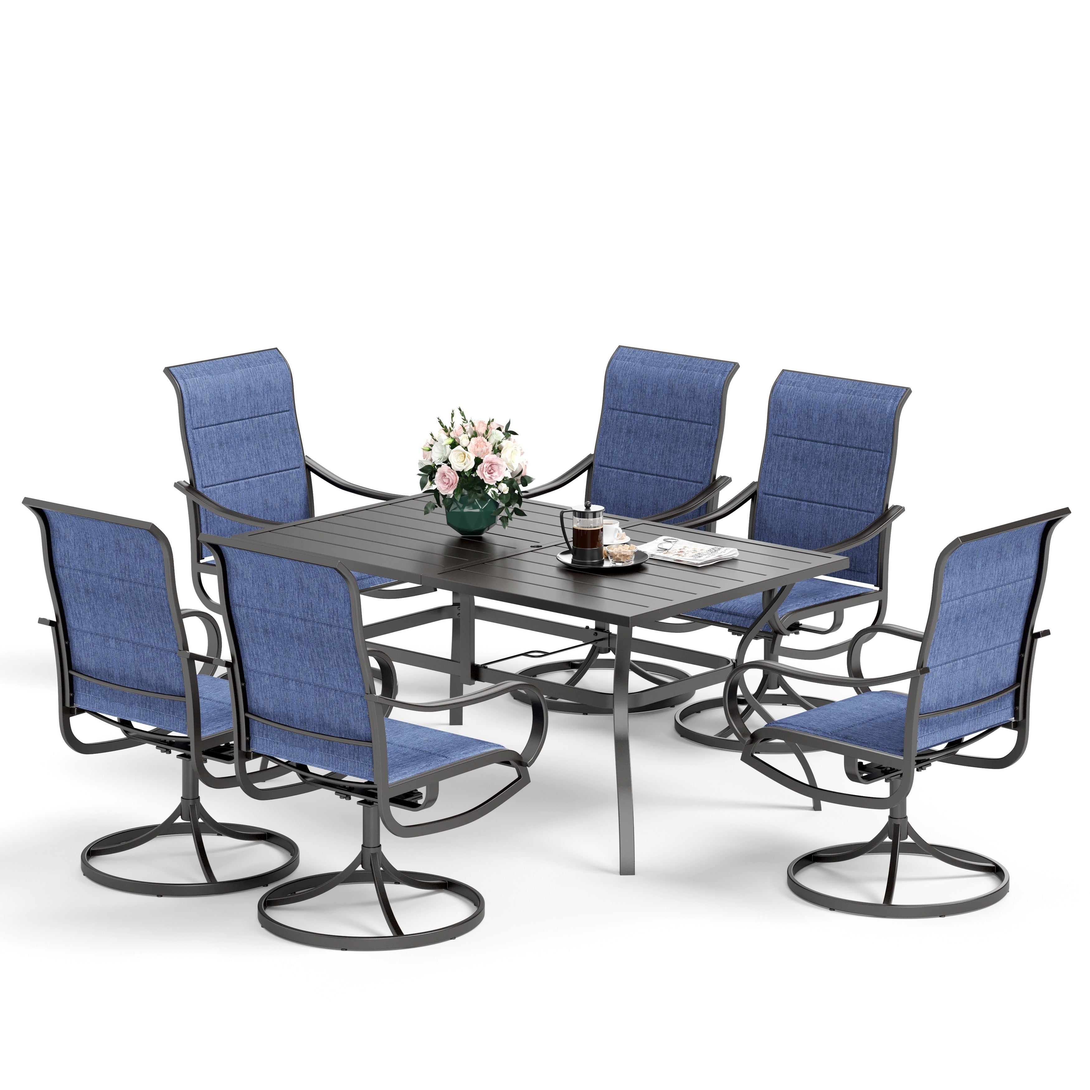 Ensemble de salle à manger d'extérieur MAISON ARTS, 6 chaises pivotantes et table à manger rectangulaire 60 x 38 avec trou pour parasol