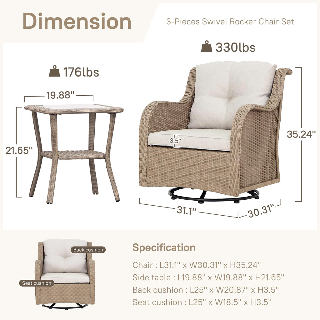 Ensembles d'extérieur - 3 chaises pivotantes et à bascule avec table d'appoint