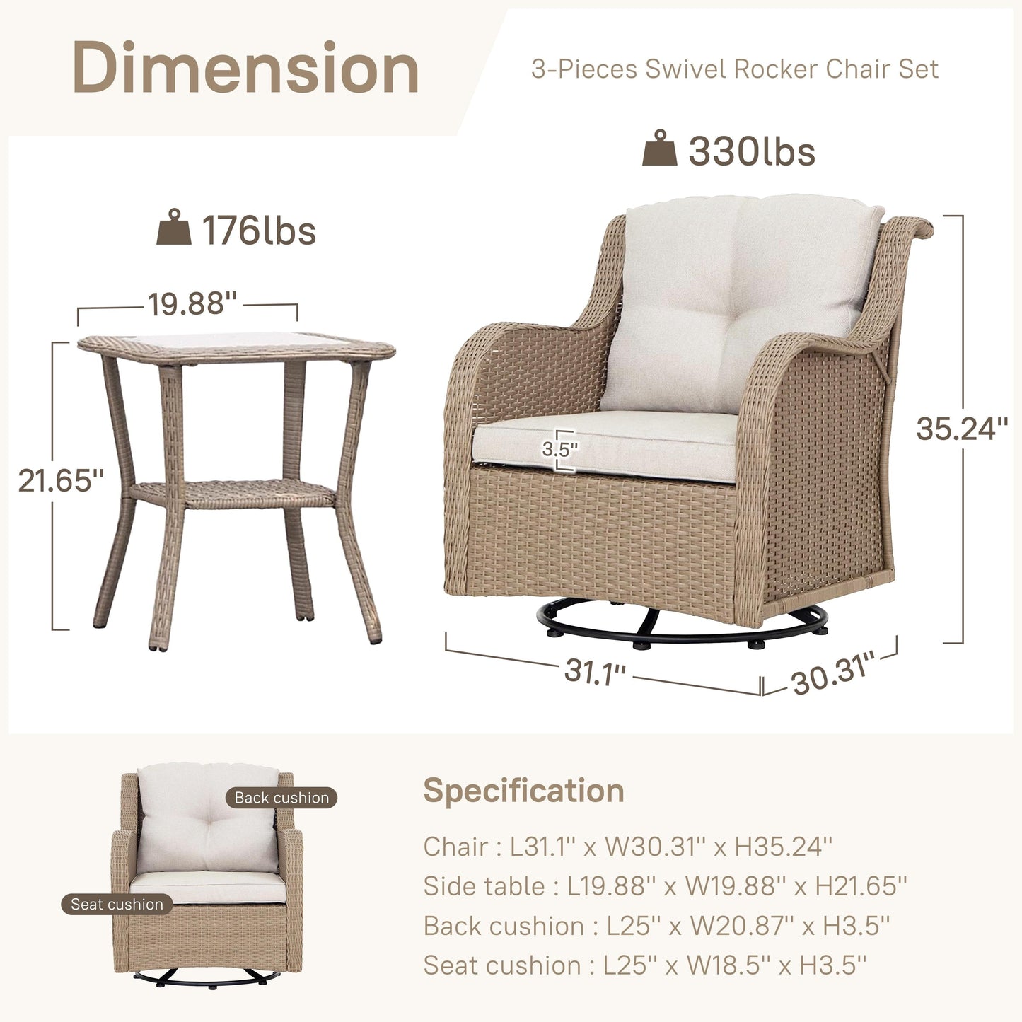 Ensembles d'extérieur - 3 chaises pivotantes et à bascule avec table d'appoint