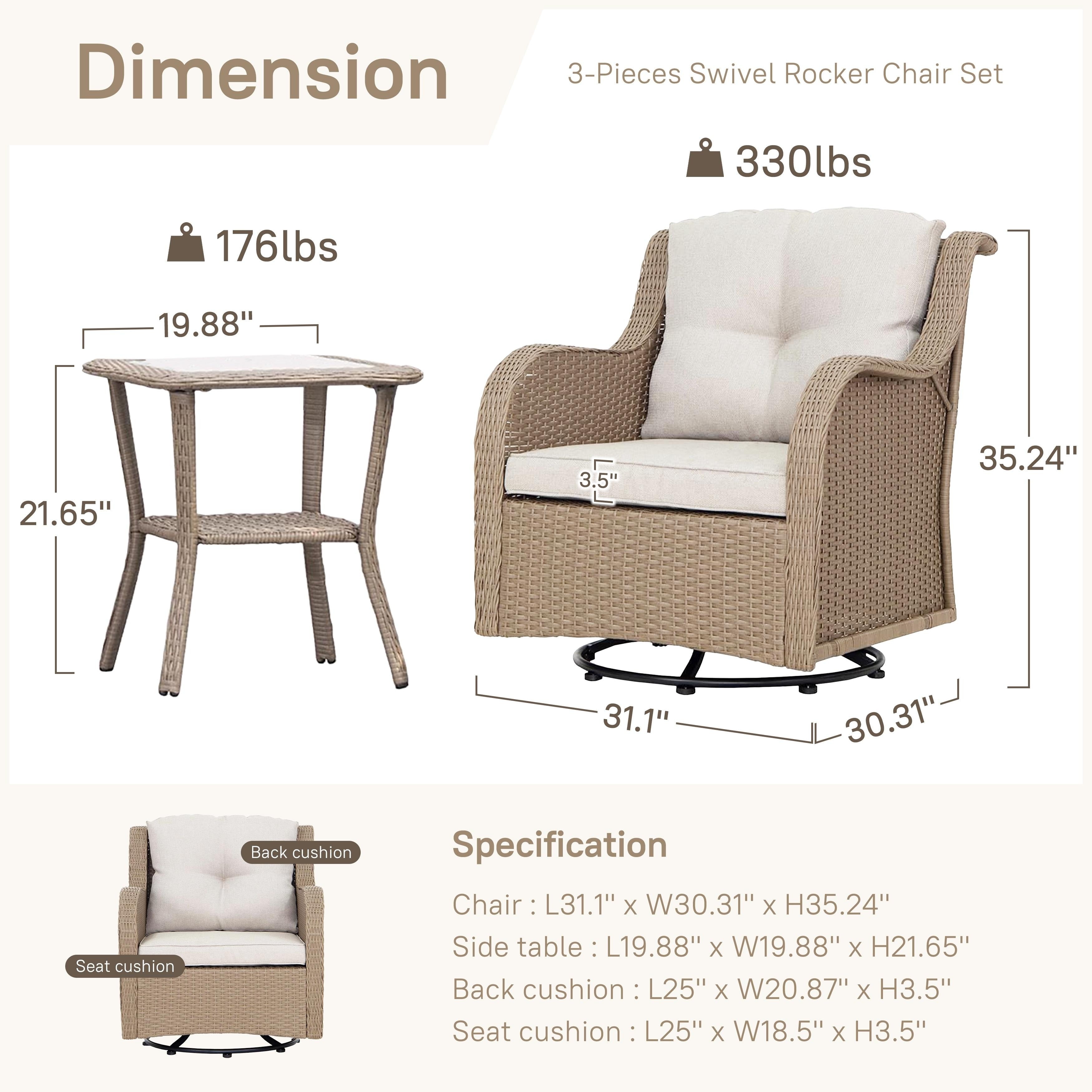 Ensembles d'extérieur - 3 chaises pivotantes et à bascule avec table d'appoint
