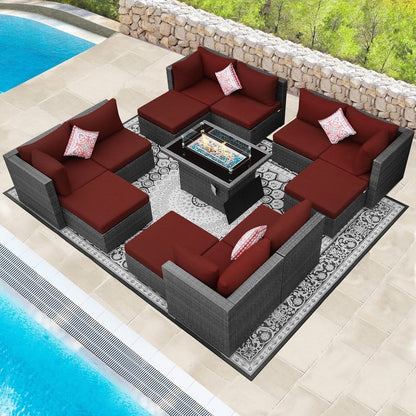 Ensemble de canapés d'extérieur sectionnels en osier gris FINCATI avec table et foyer