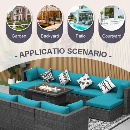 Ensemble de canapés d'extérieur sectionnels en osier gris FINCATI avec table et foyer