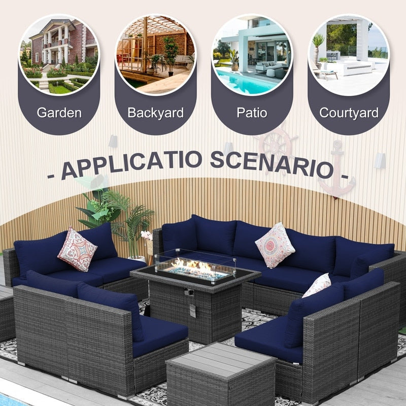 Ensemble de canapés d'extérieur sectionnels en osier gris FINCATI avec table et foyer