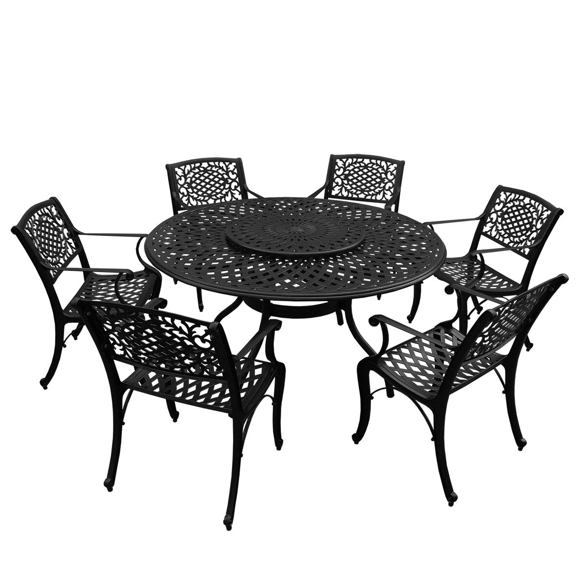 Ensemble de salle à manger rond d'extérieur en treillis de 59 po avec plateau tournant et six chaises