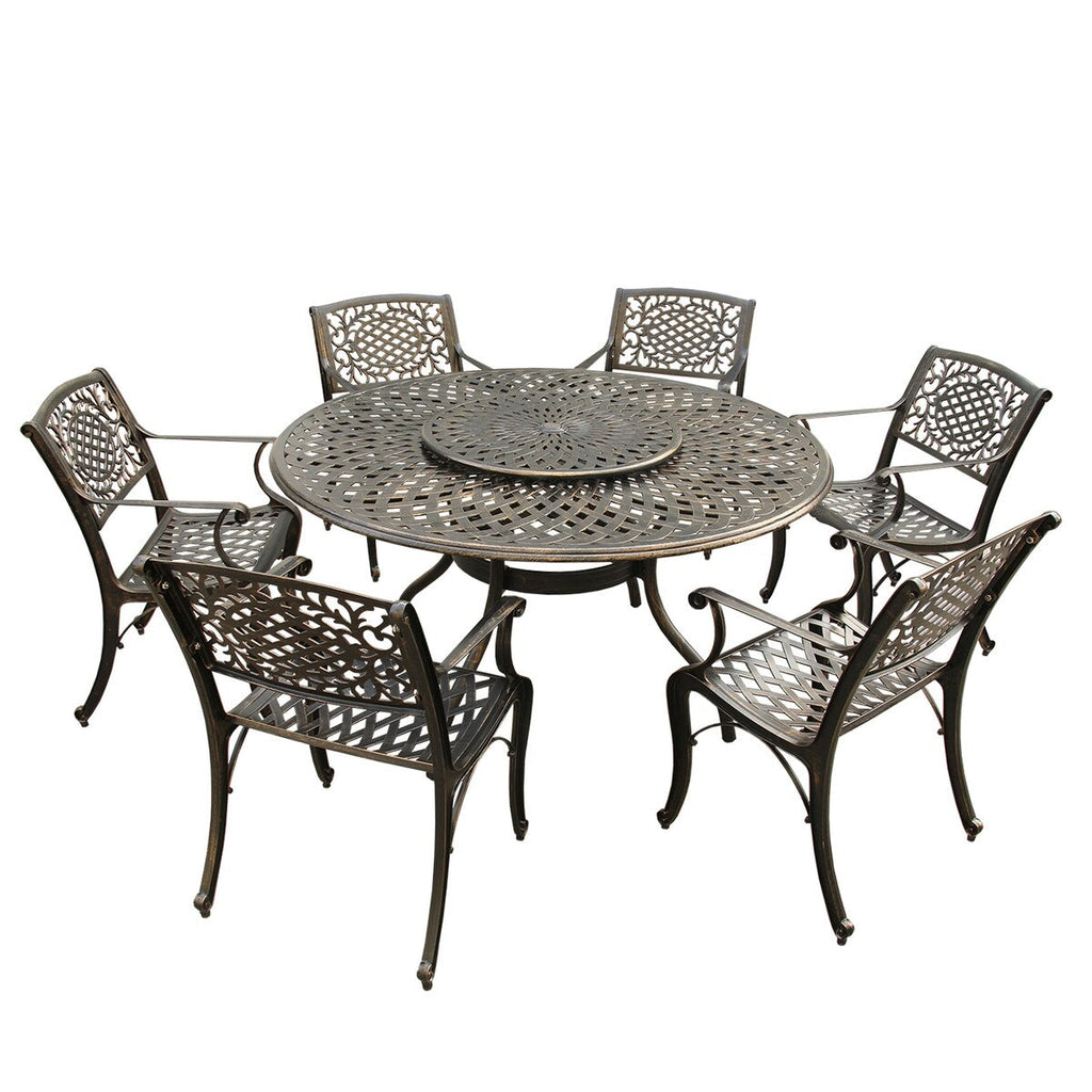 Ensemble de salle à manger rond d'extérieur en treillis de 59 po avec plateau tournant et six chaises