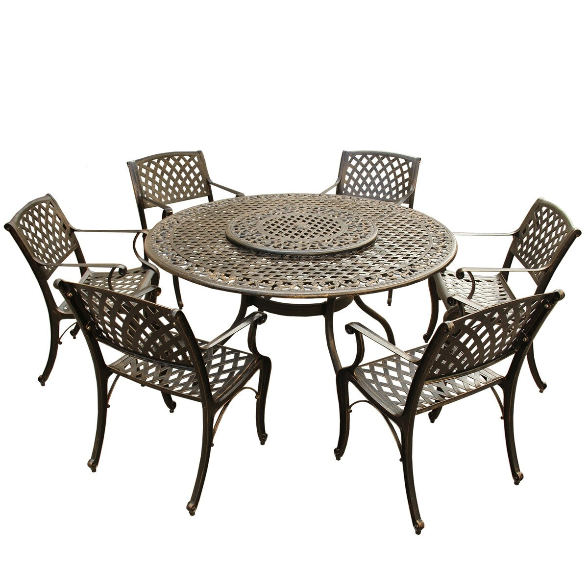 Ensemble de salle à manger rond d'extérieur en treillis de 59 po avec plateau tournant et six chaises - N/A